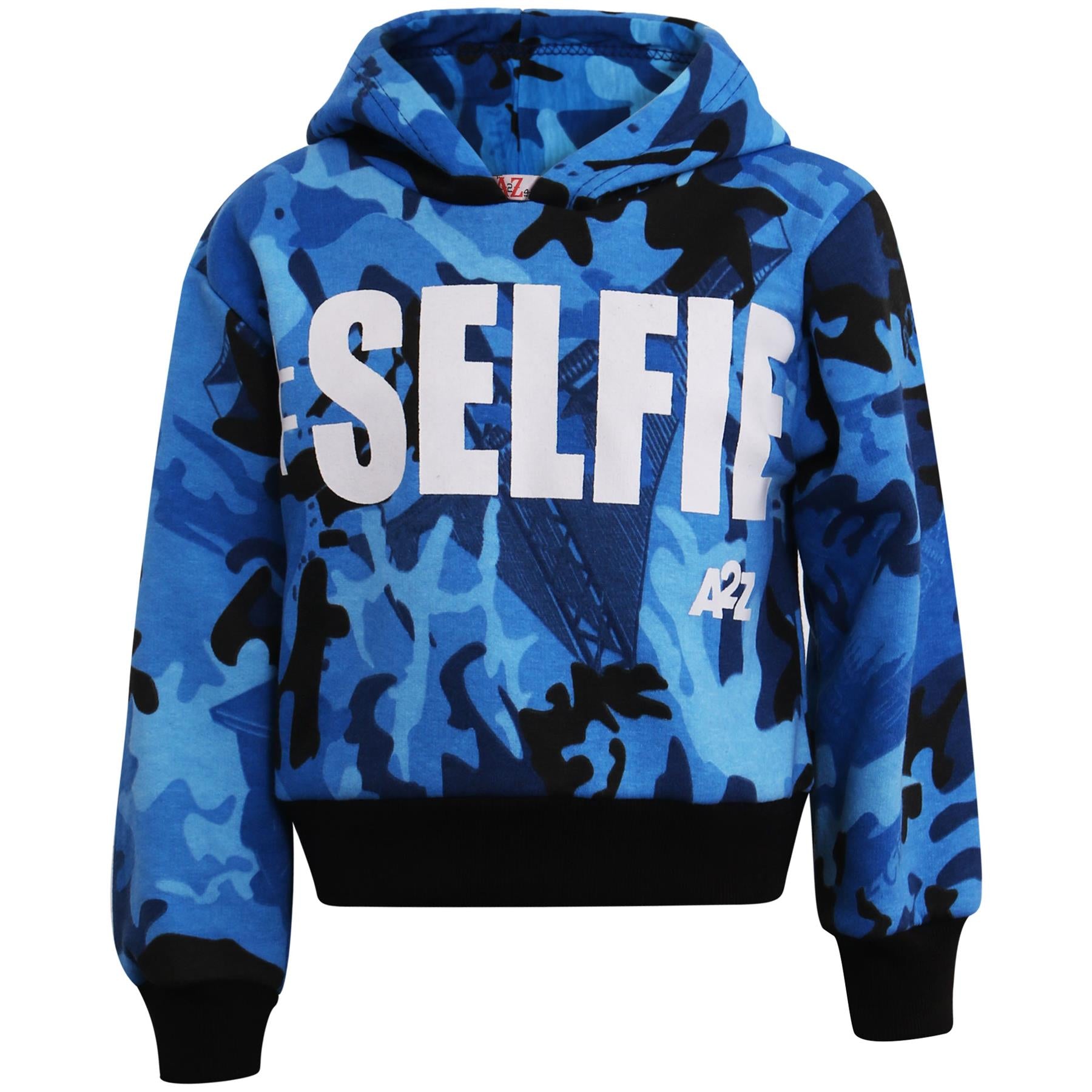 Kids Girls #Selfie Printed Hooded Crop Top & Bottom Jogging Suit