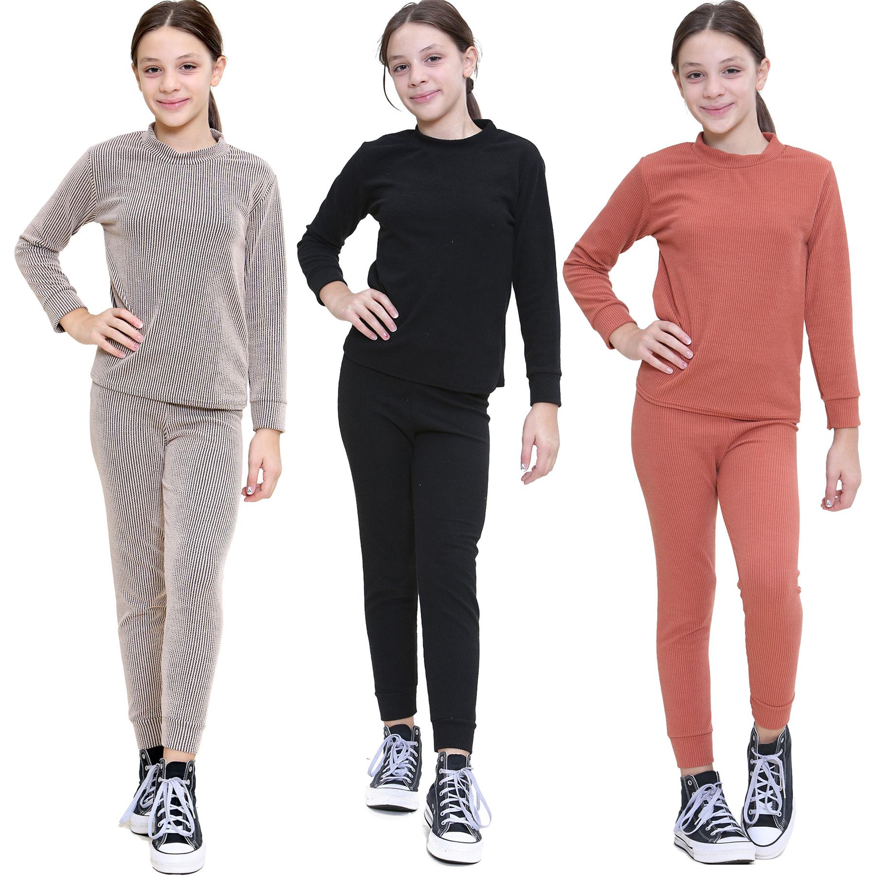 Kids Girls Ribbed Top & Bottom Tracksuit Lounge Wear Set