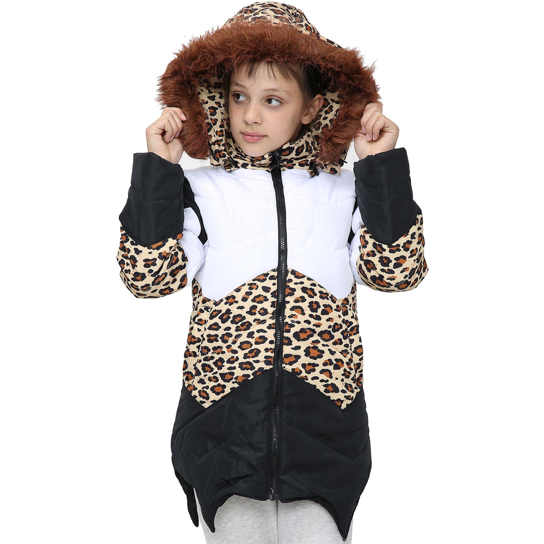 Kids Hooded Leopard Puffer Coat Faux Fur Jacket Contrast Panel - Kids Clothing Store