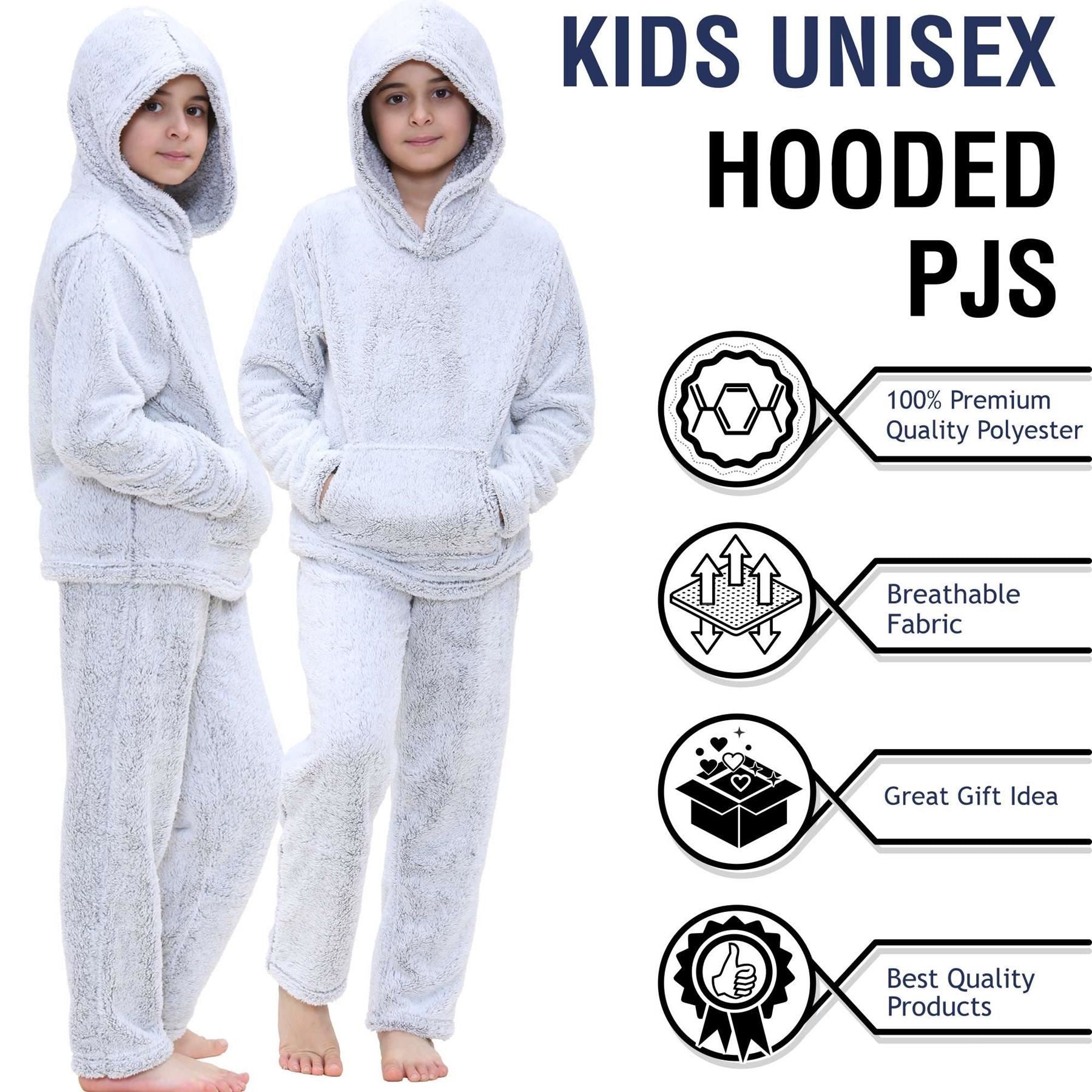 Kids Boys Girls Plain Grey Pyjama Extra Soft Thick Pile Fleece PJS Set
