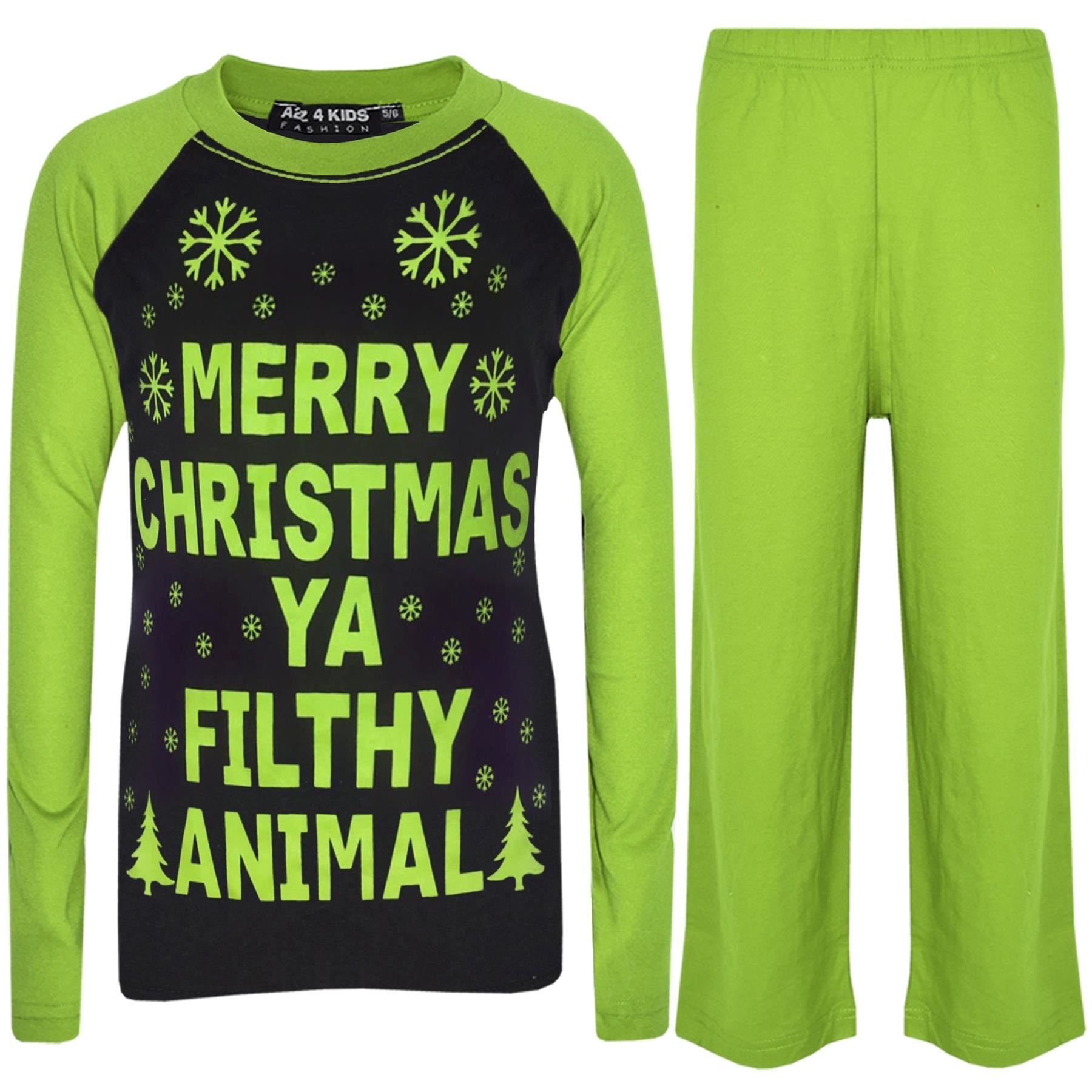 Unisex Merry Xmas Ya Filthy Animal Print Black & Lime Pyjamas Set