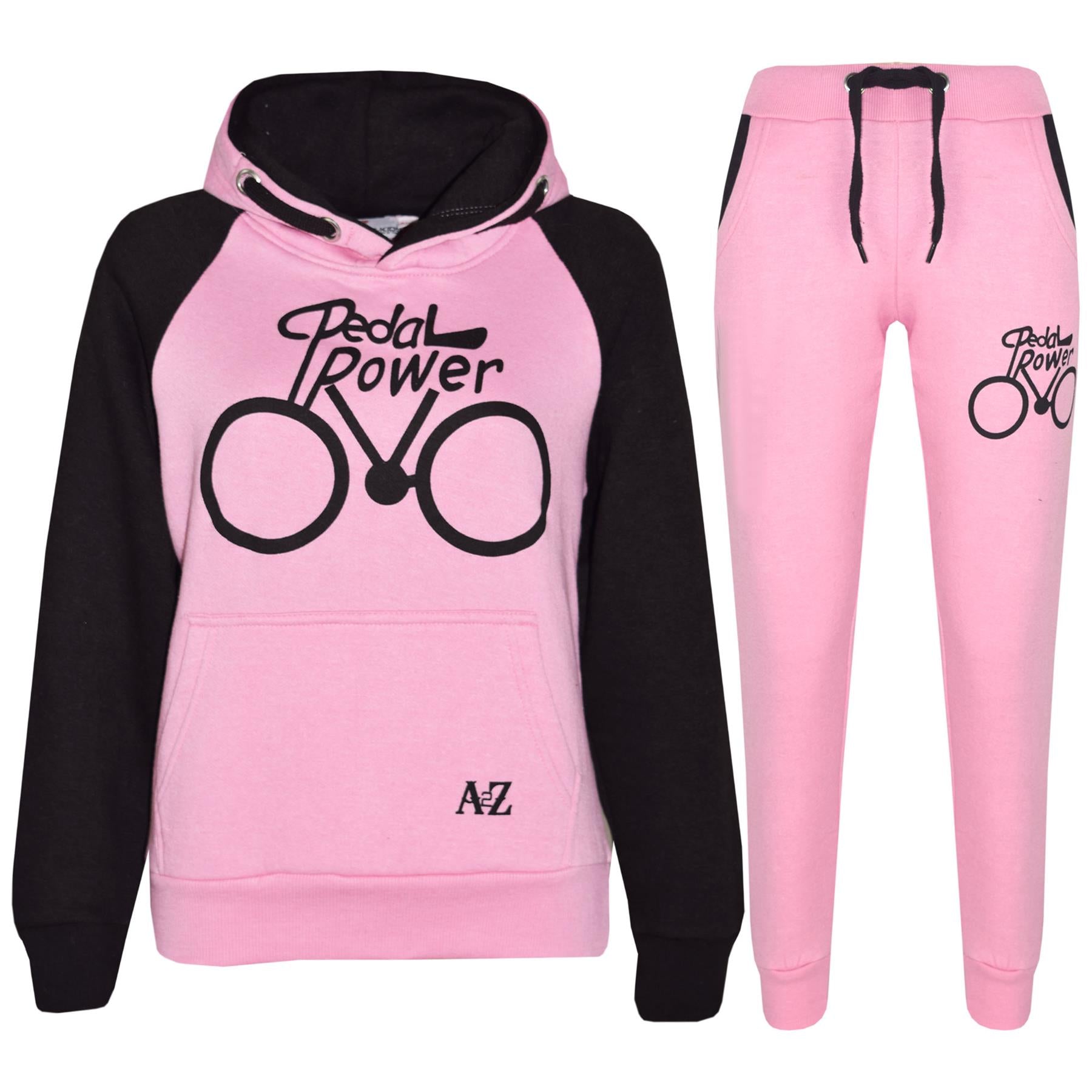 Kids Girls Pedal Power Print Hooded Baby Pink & Black Tracksuit