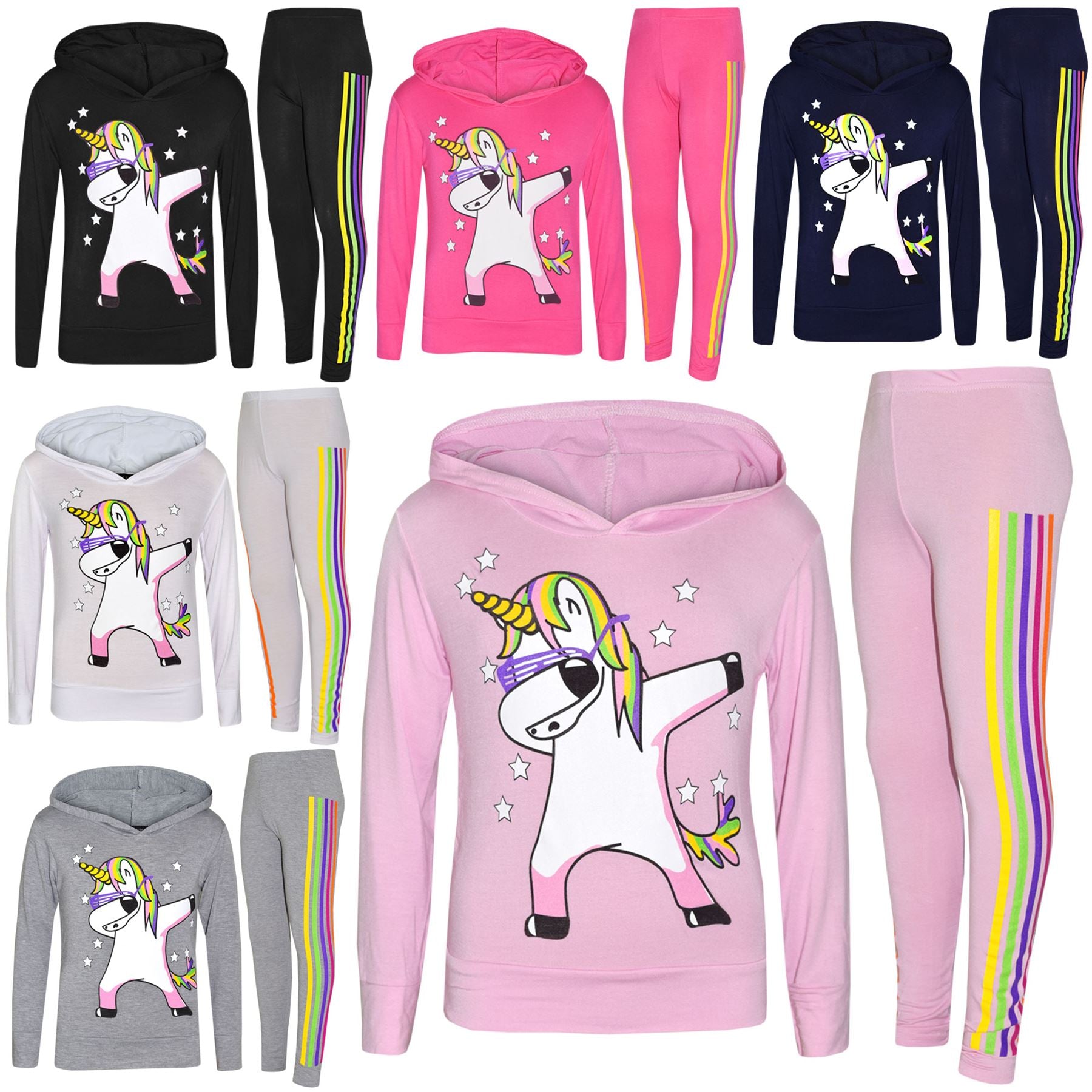 Kids Girls Rainbow Unicorn Dab Floss Hooded Top & Legging Set