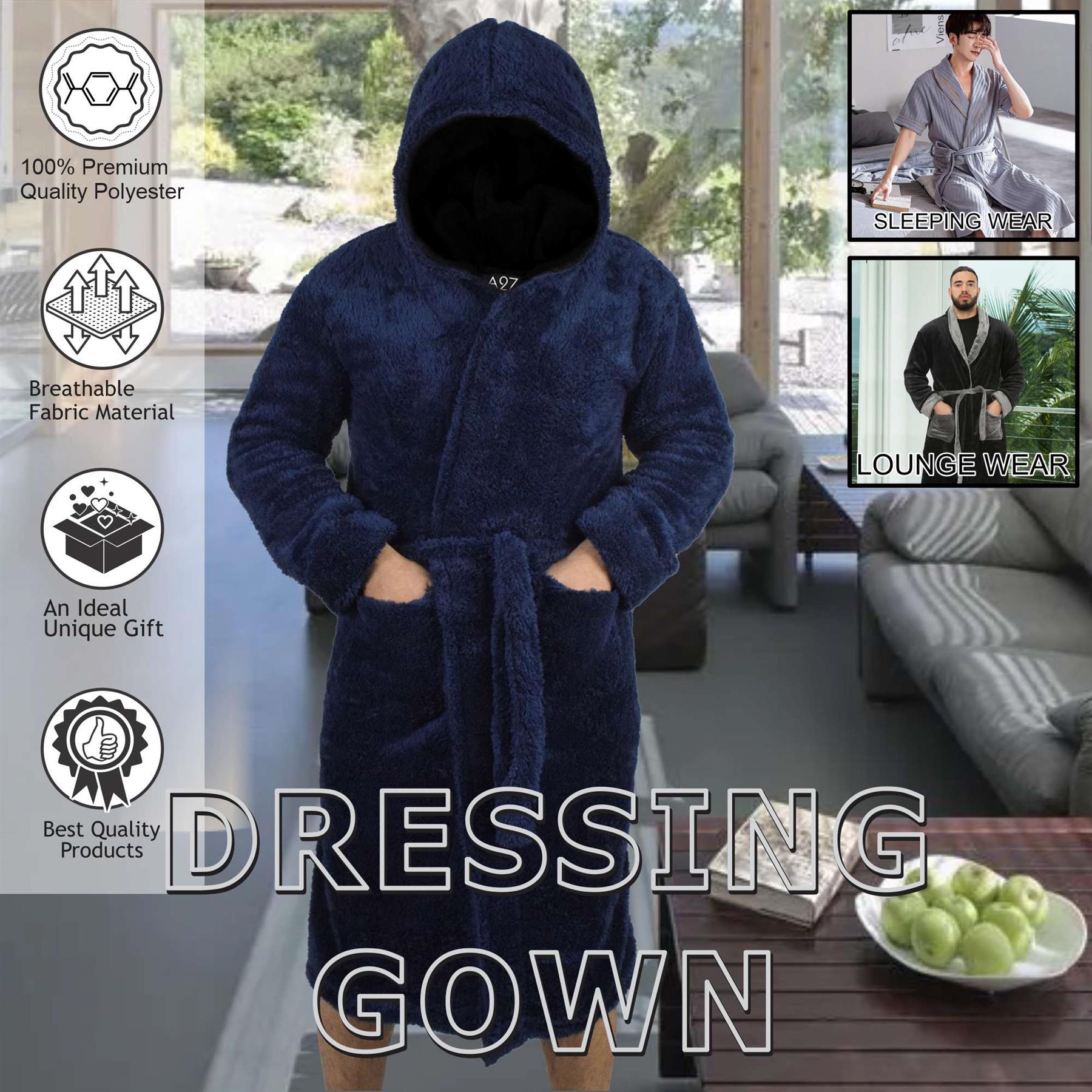 Adults Fleece Navy Bathrobe Dressing Gown For Ladies Gents