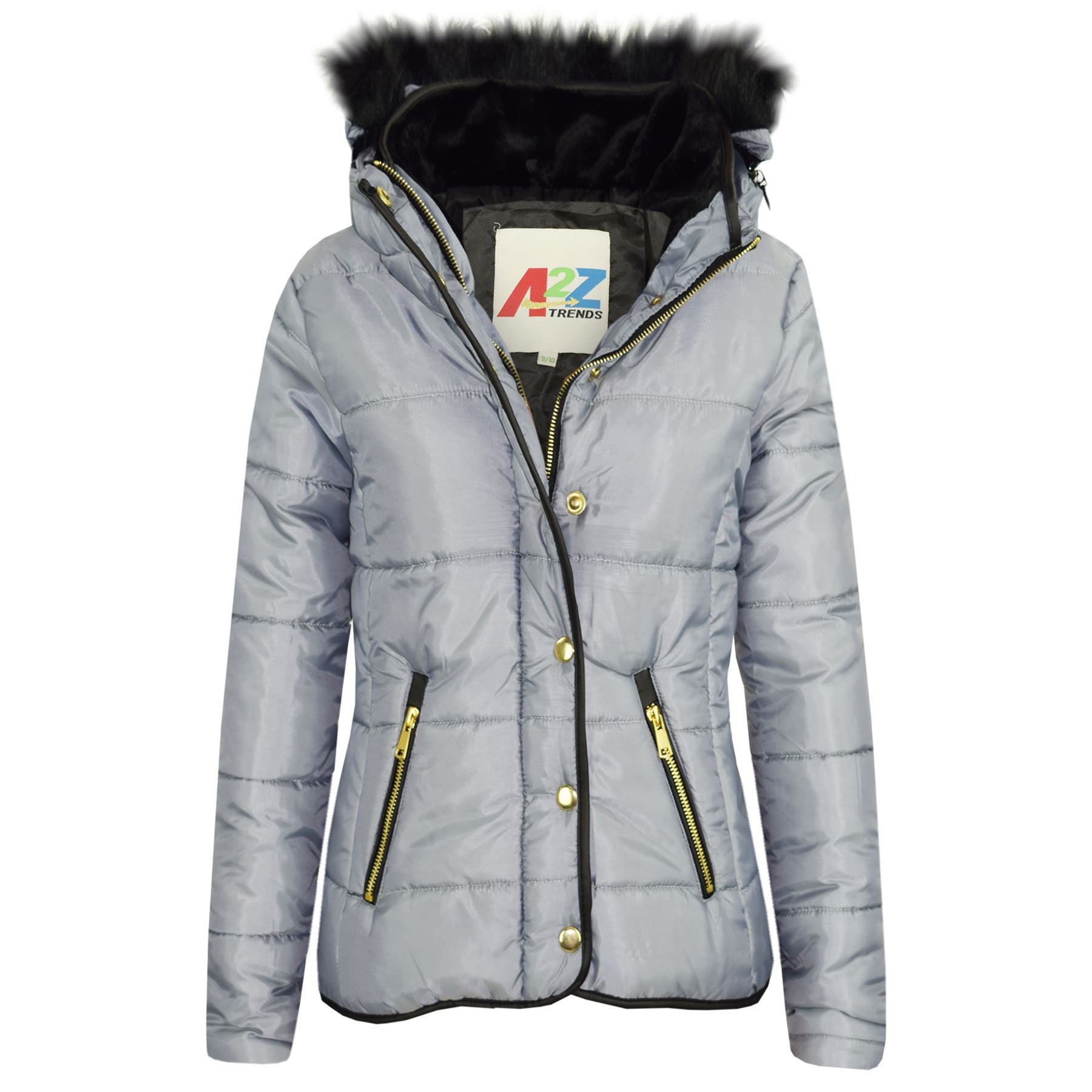 Kids Girls Puffer Quilted Coat Silver Hooded Faux Fur Jacket