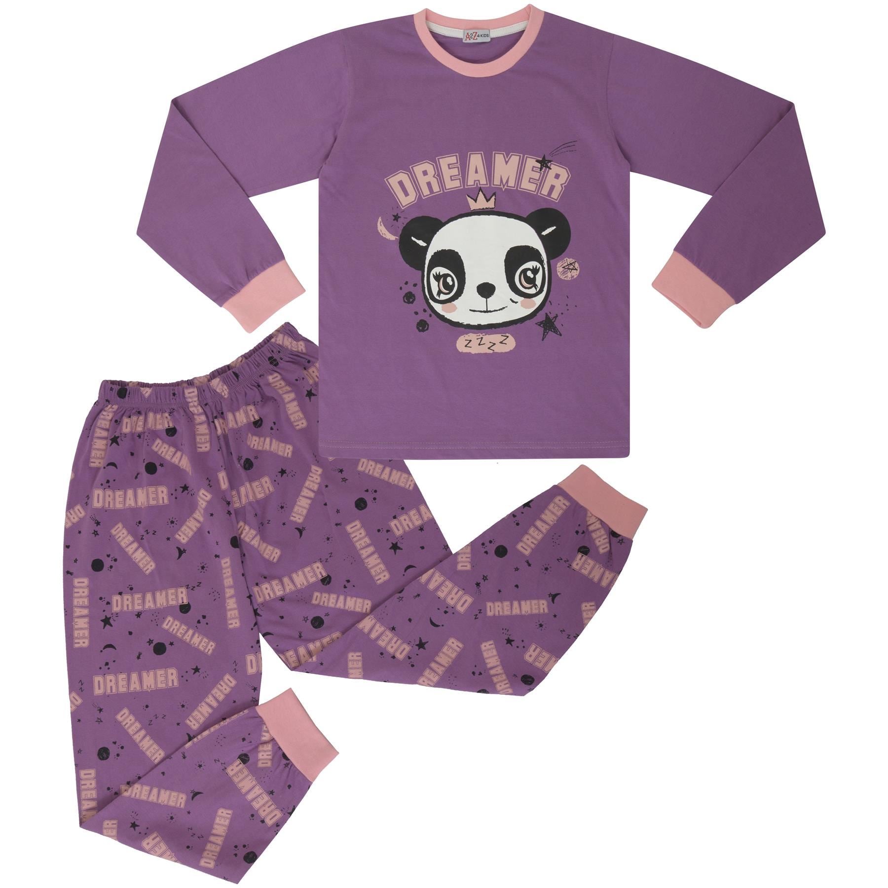 Kids Girls Pyjamas Panda Animal Dreamer Print Lilac Lounge Suit Set