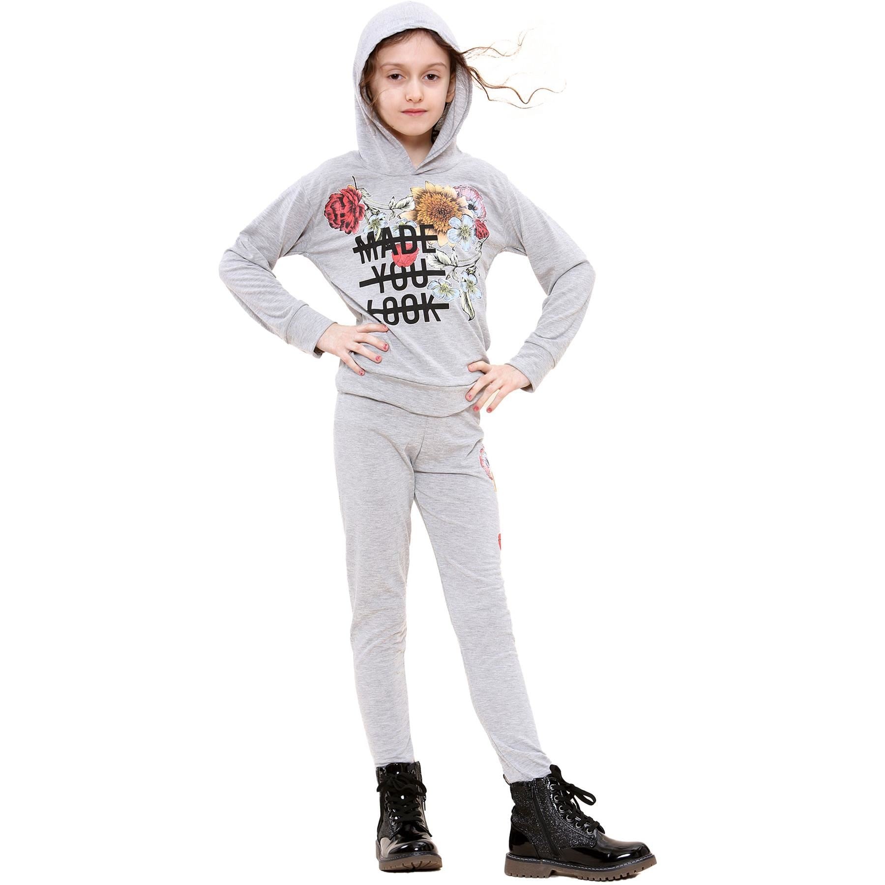 Kids Girls Made You Look Print Grey Hooded Top & Legging Set