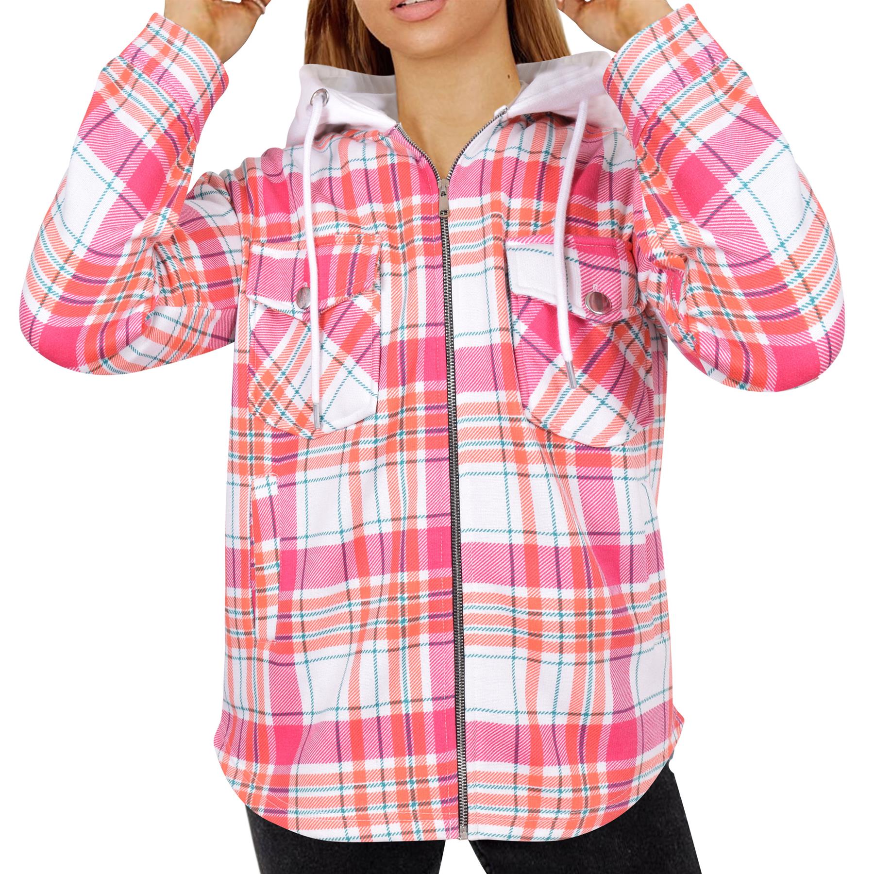 Ladies Shacket Checked Print Oversize Hooded Coat