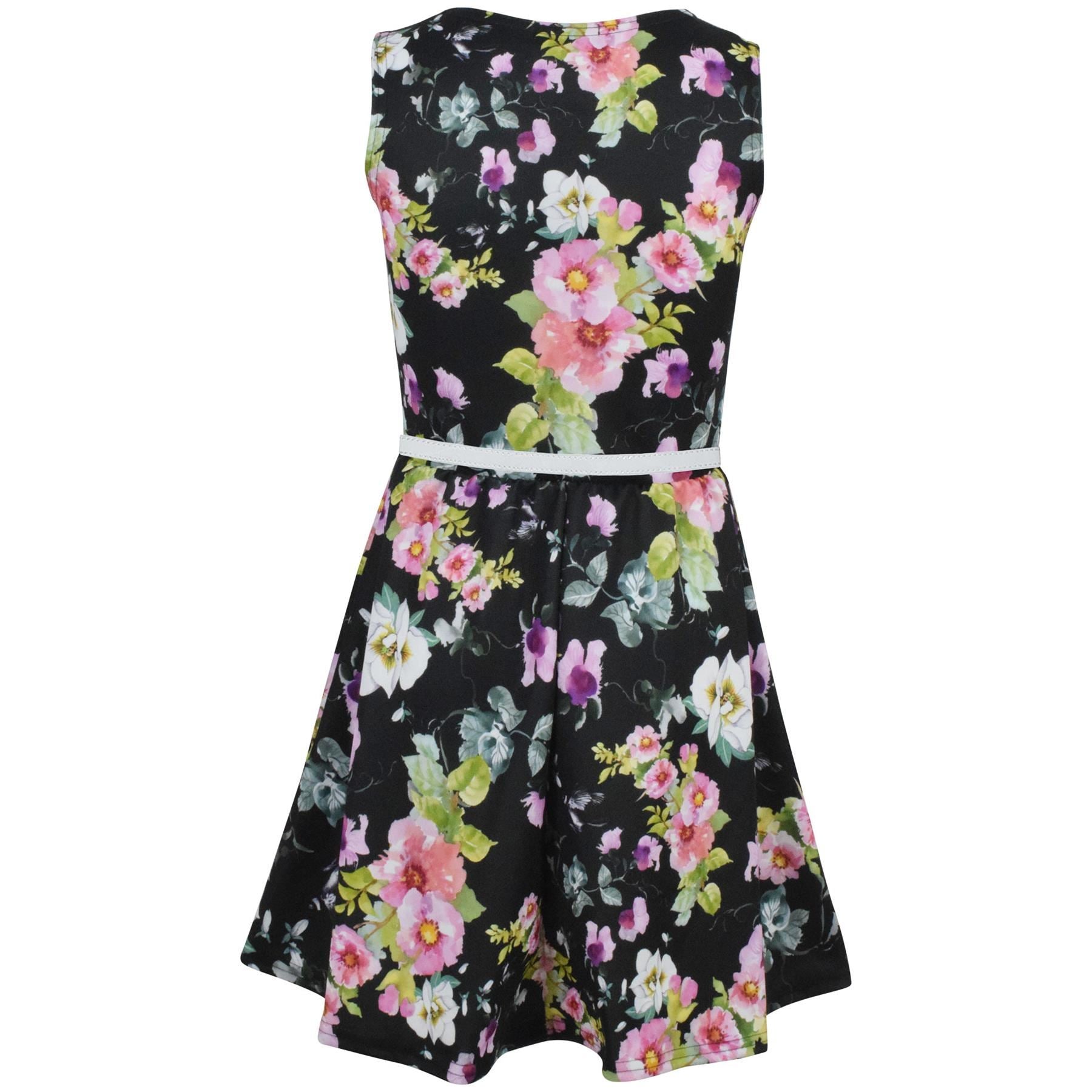 Girls Black Floral Print Skater Dress