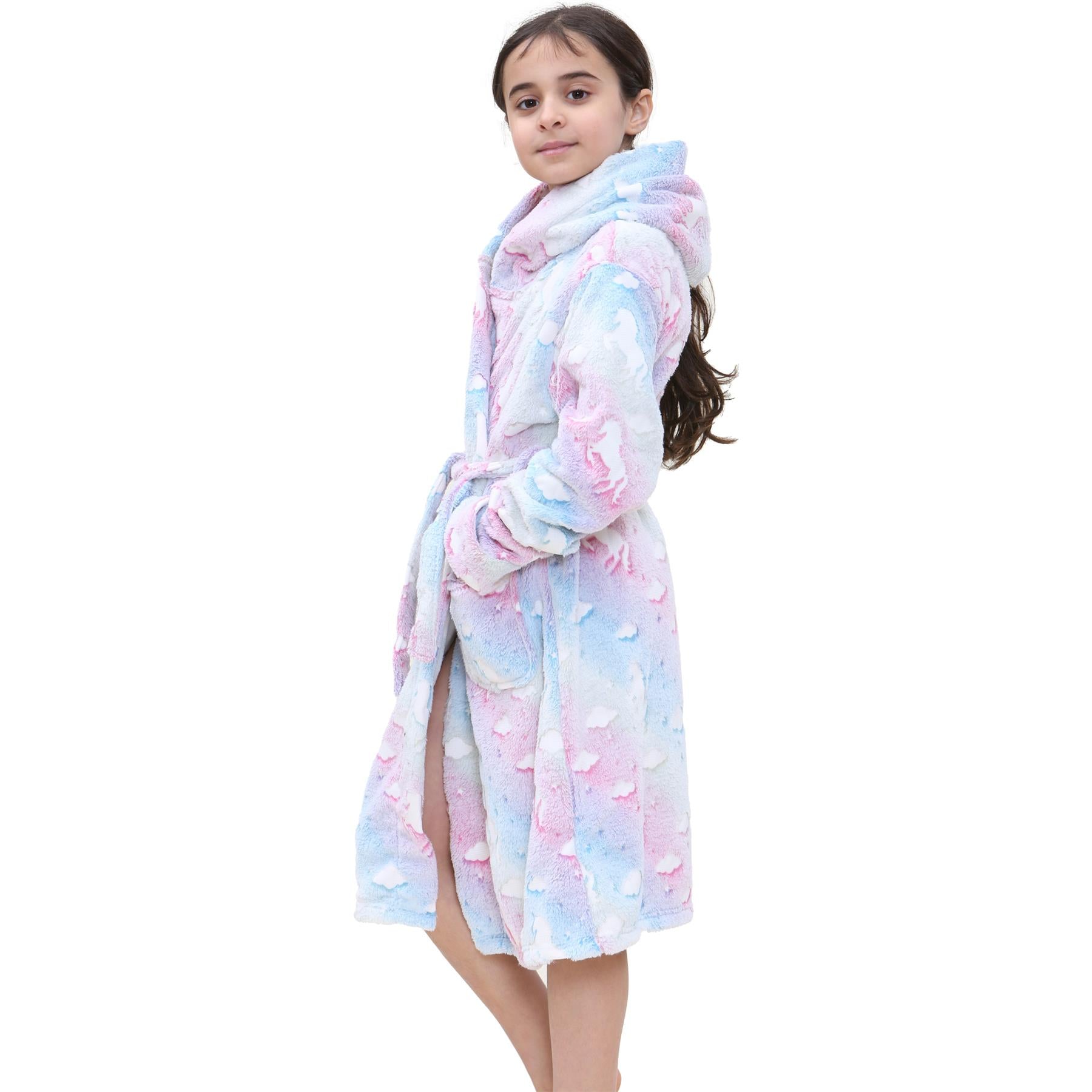 Kids Girls Unicorns Print Soft Glow In The Dark Rainbow Hooded Robe