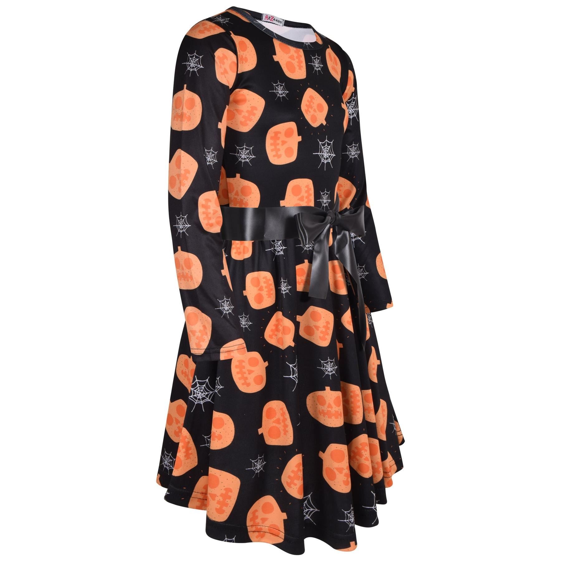 Girls Long Sleeves Pumpkins & Spider Web Print Halloween Skater Dress