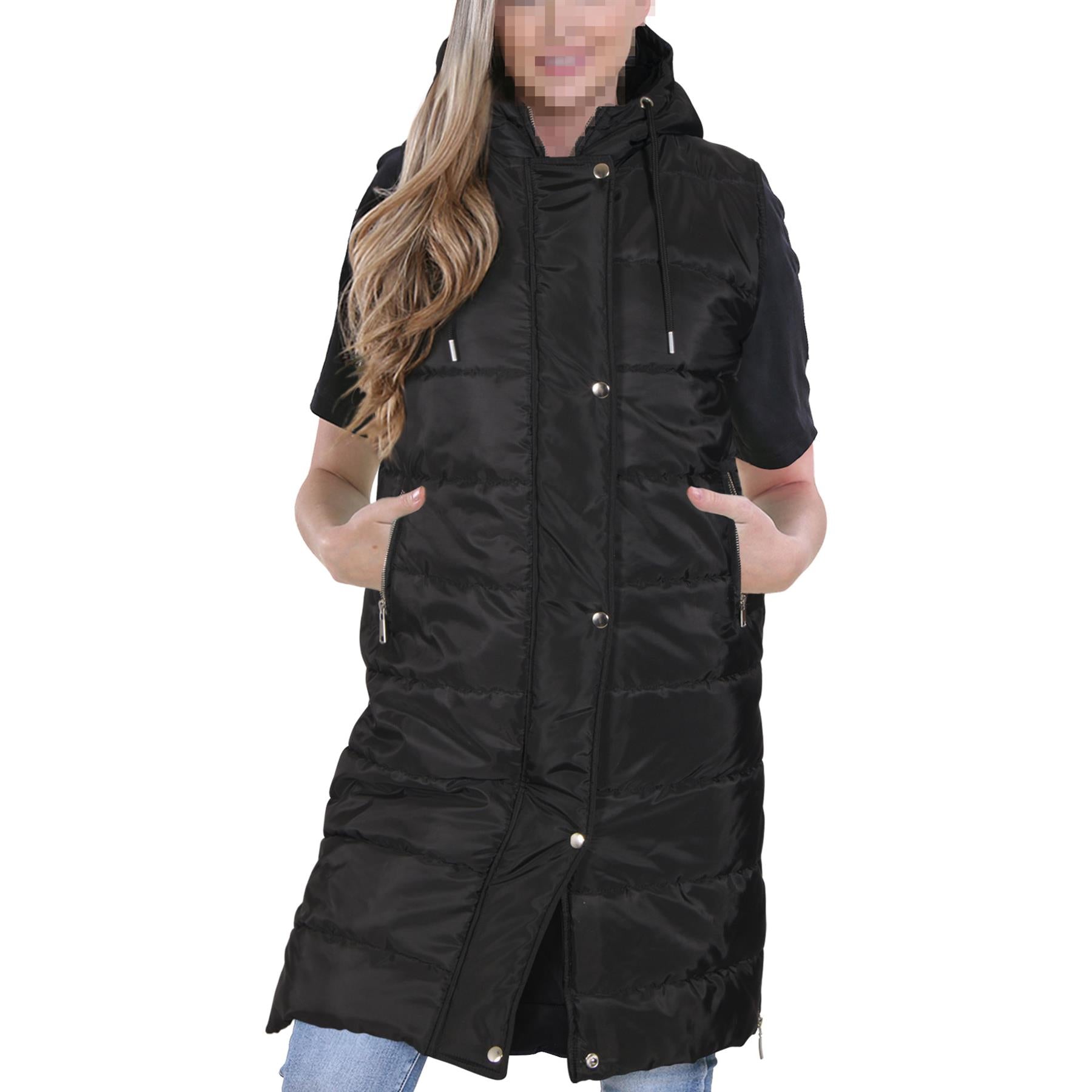 Ladies Oversized Zipped Gilet Long Line Style Black Jacket Sleeveless Long Coat