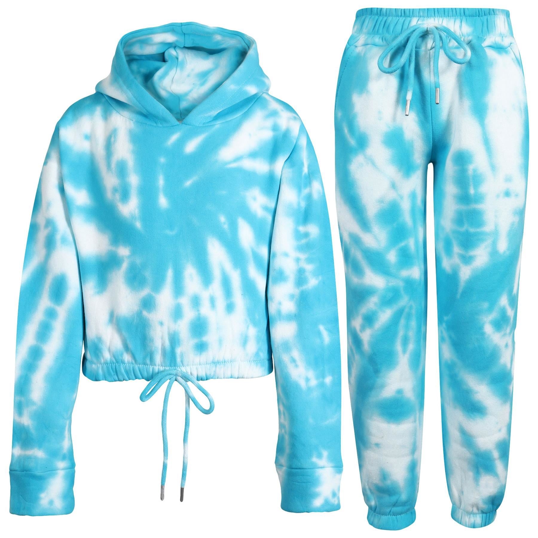 Kids Girls Tie Dye Blue Tracksuit Gym Cropped Hoodie Sweatpants