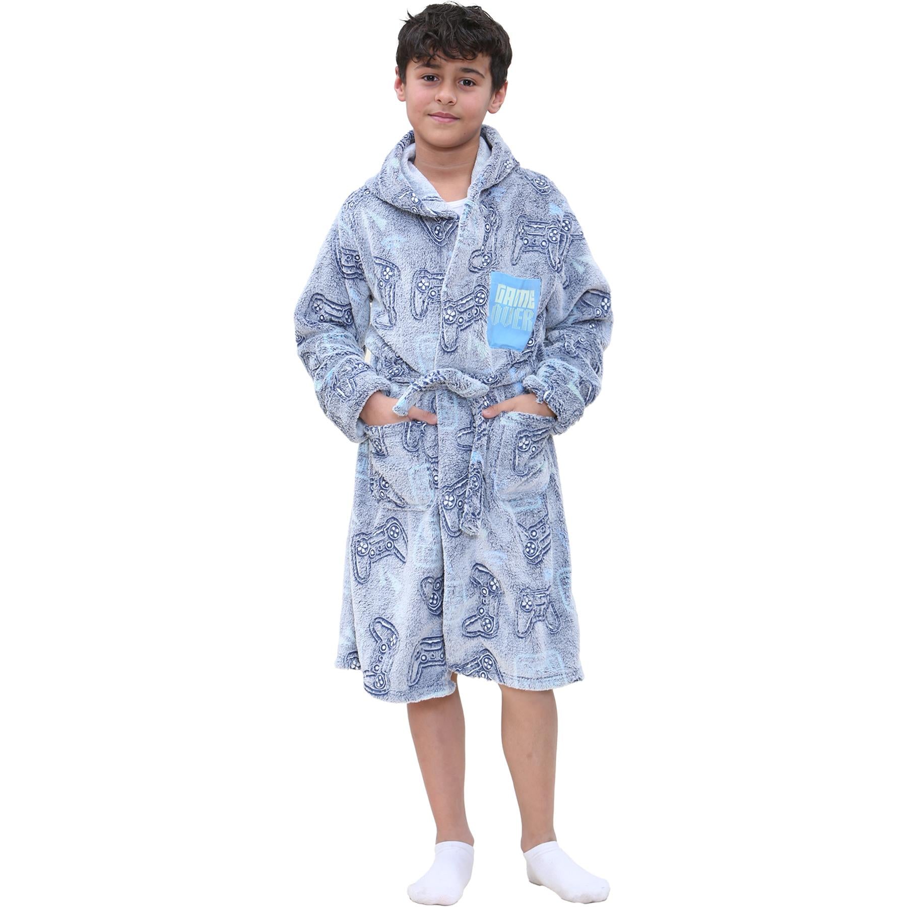 Kids Girls Boys Game Controllers Print Glow In The Dark Soft Navy Hooded Robe
