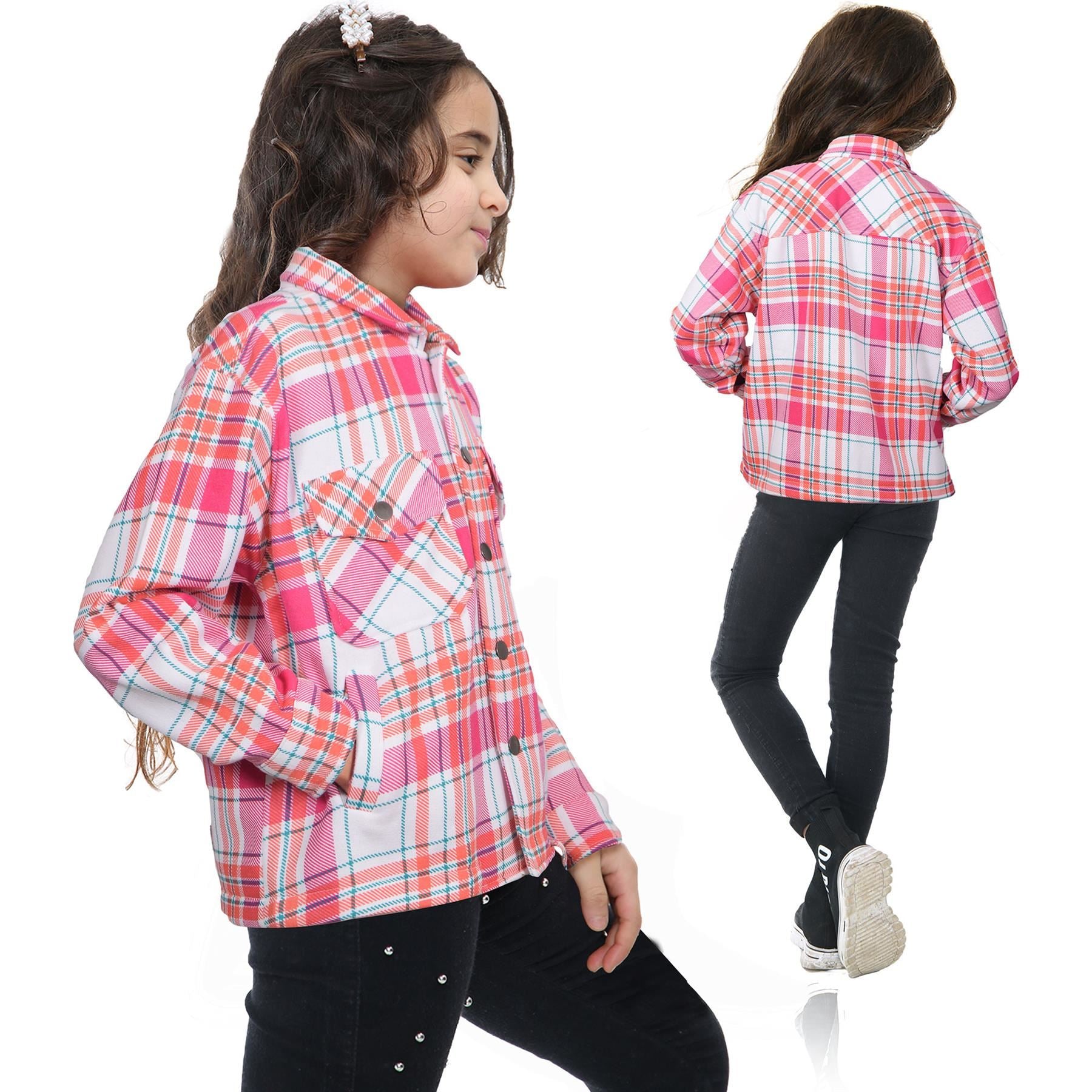 Kids Girls Checks Print Longline Fleece Collared Jacket