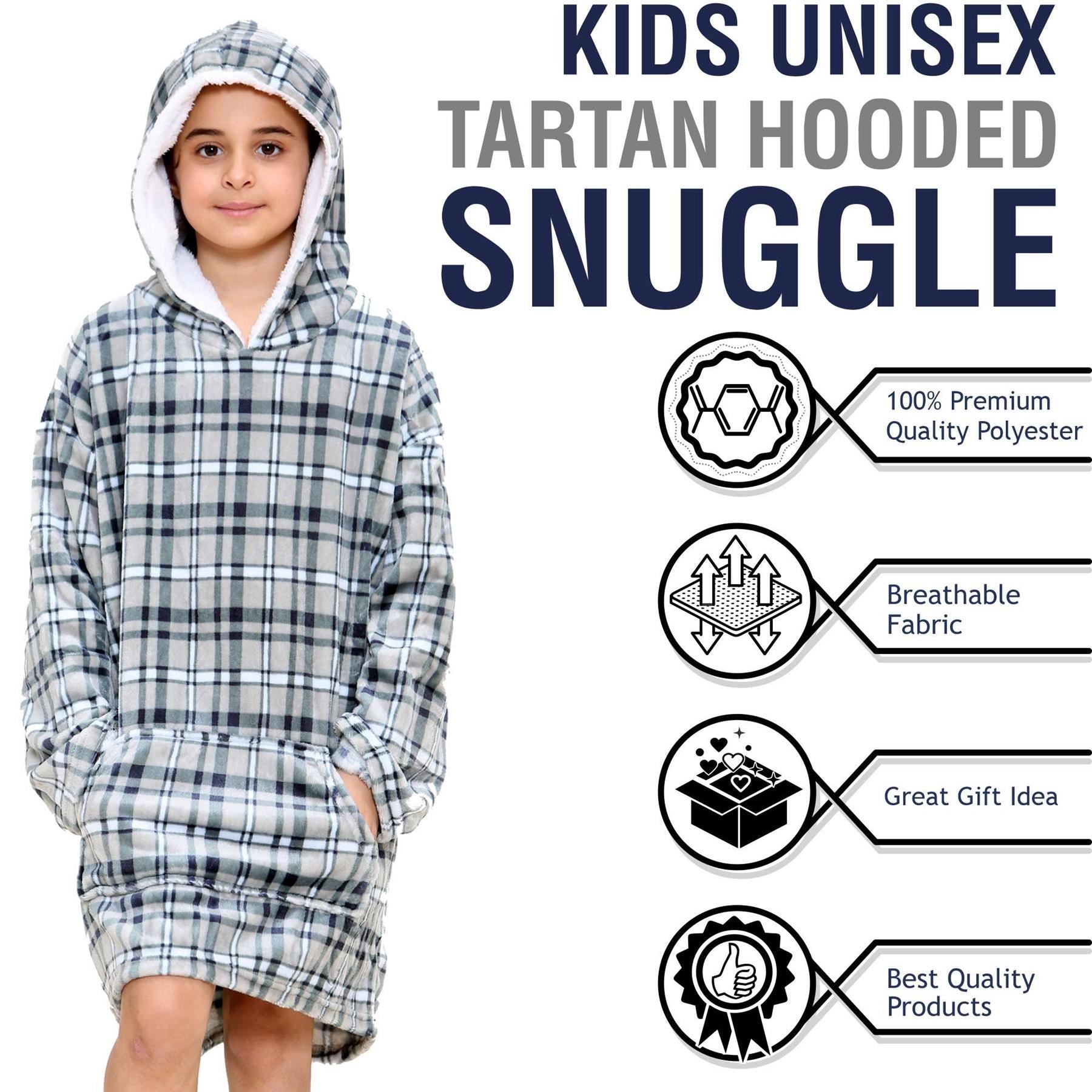 Kids Unisex Oversized Hoodie Snuggle Grey Tartan Printed Fleece Blanket