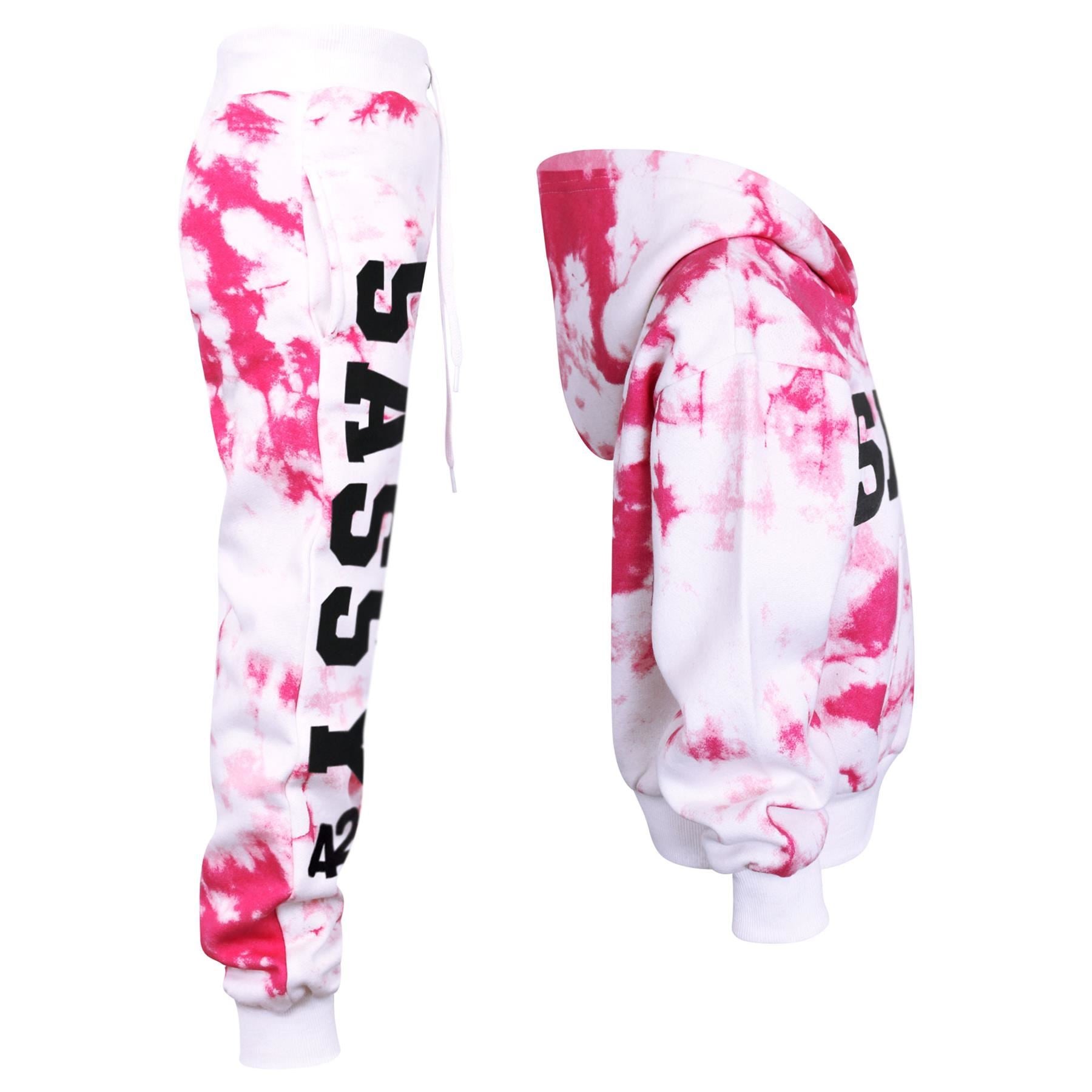 Kids Girls Tie Dye Tracksuit "SASSY" Print Pink Hooded Crop Jogging Suit