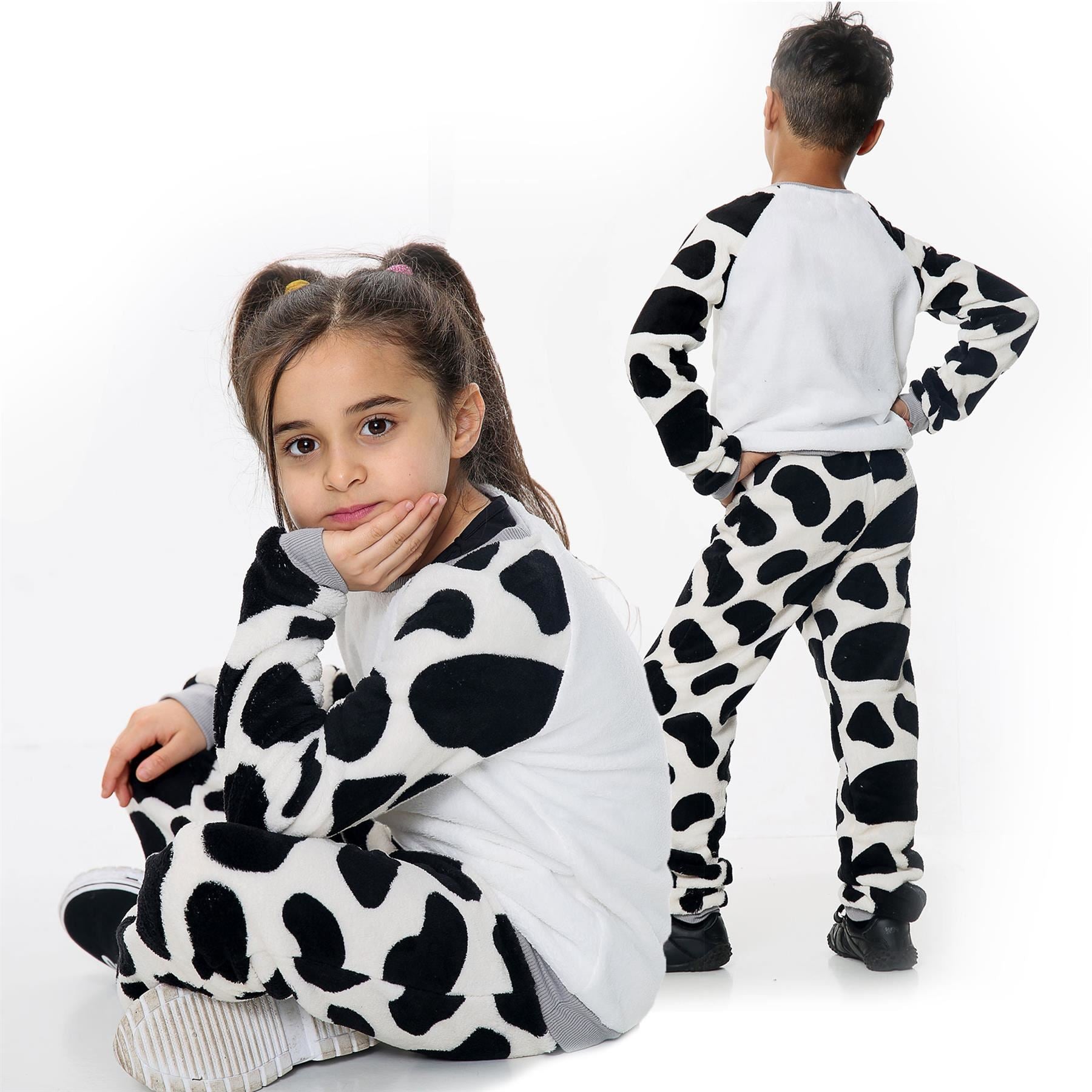 Kids Cow Print Sleeve Pyjamas Sleepsuit Costume For Girls Boys Age 5-13 Years