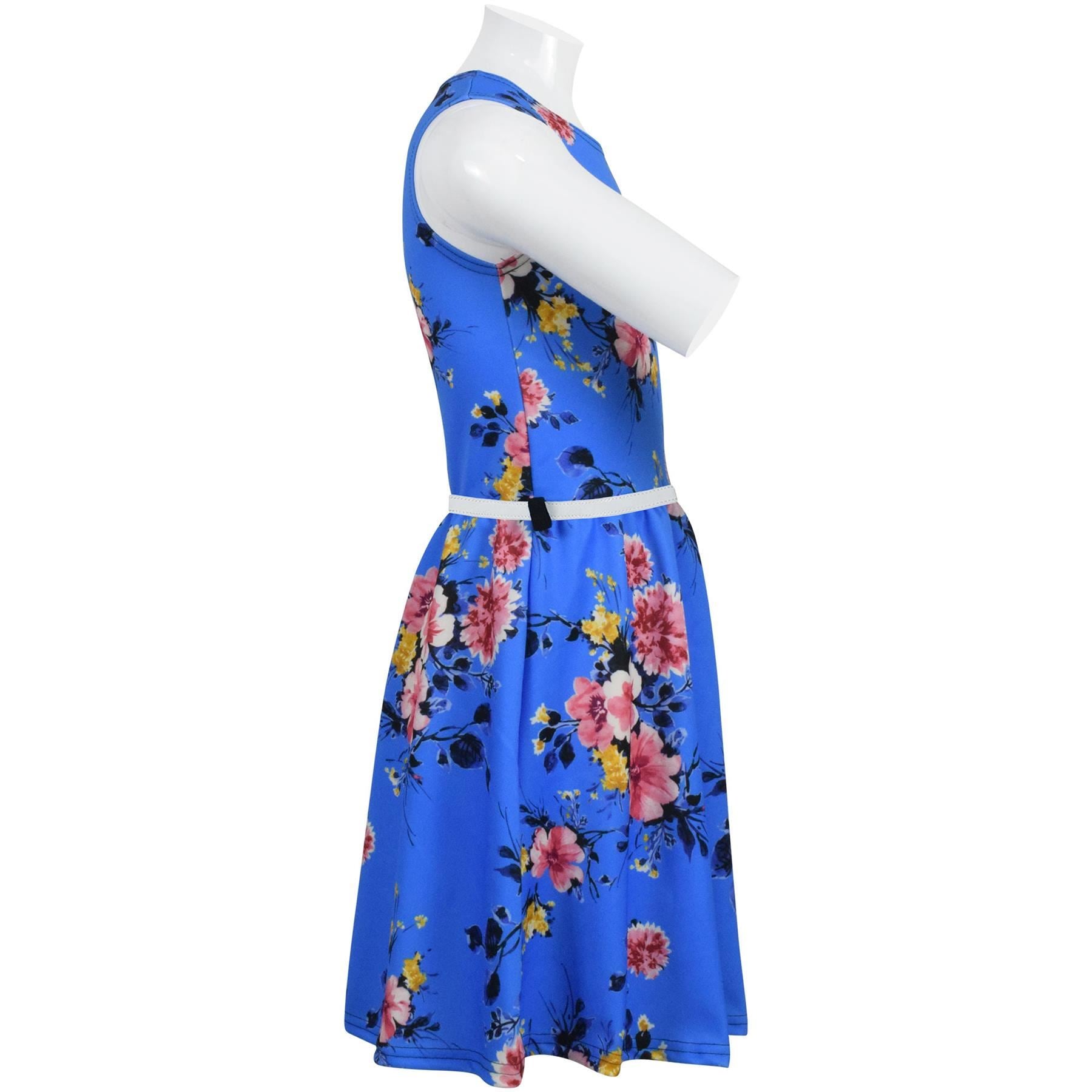 Girls Floral Print Royal Blue Skater Dress