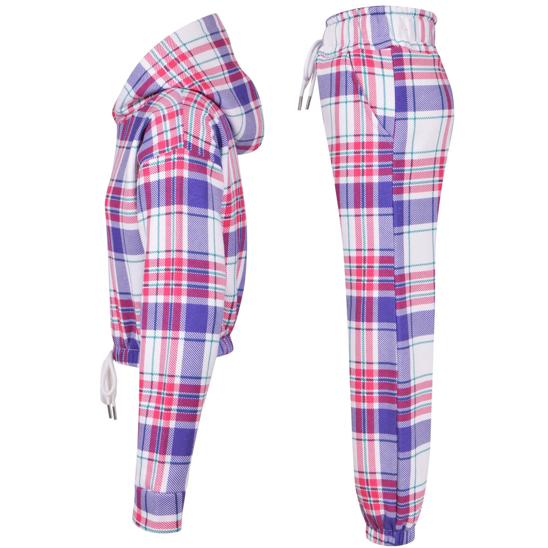 Girls Purple Check Print Cropped Hooded Tracksuit