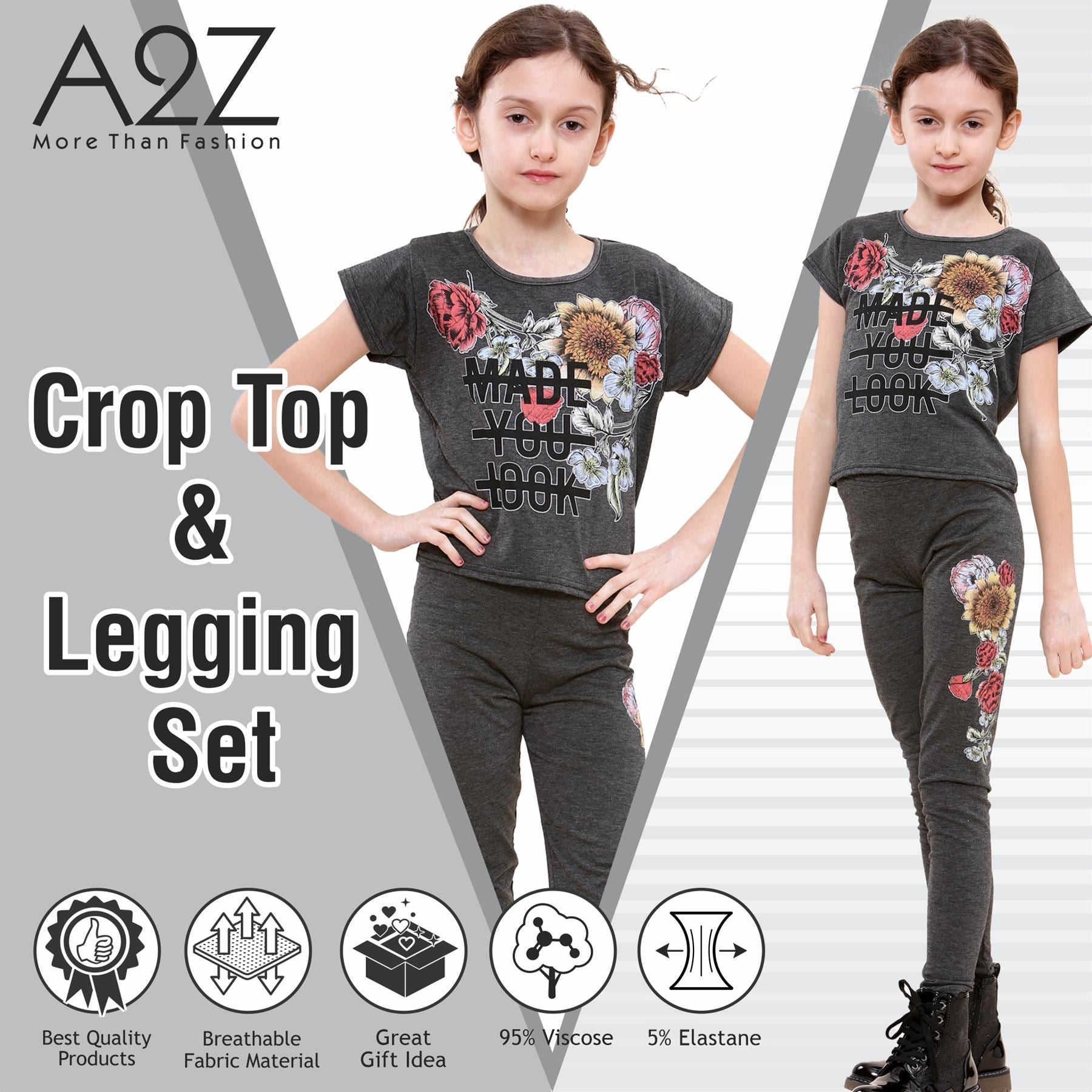 Kids Girls Made You Look Print Charcoal T Shirt Top & Legging Set