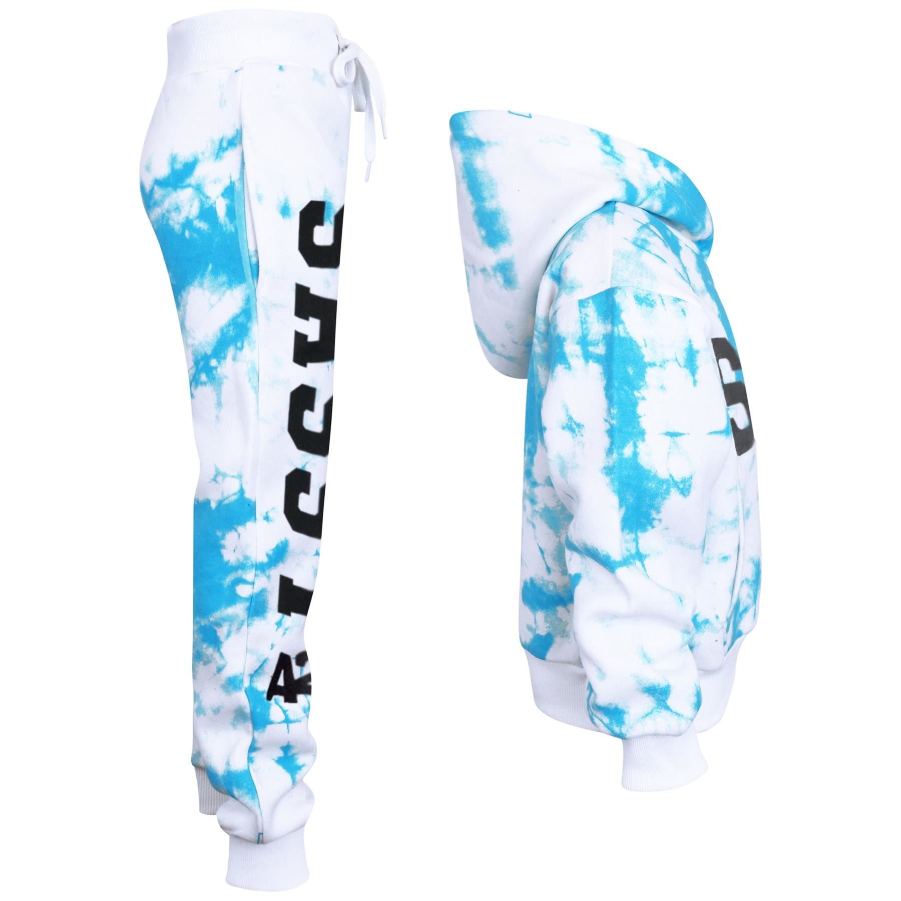 Kids Girls Tie Dye Tracksuit "SASSY" Print Blue Hooded Crop Jogging Suit