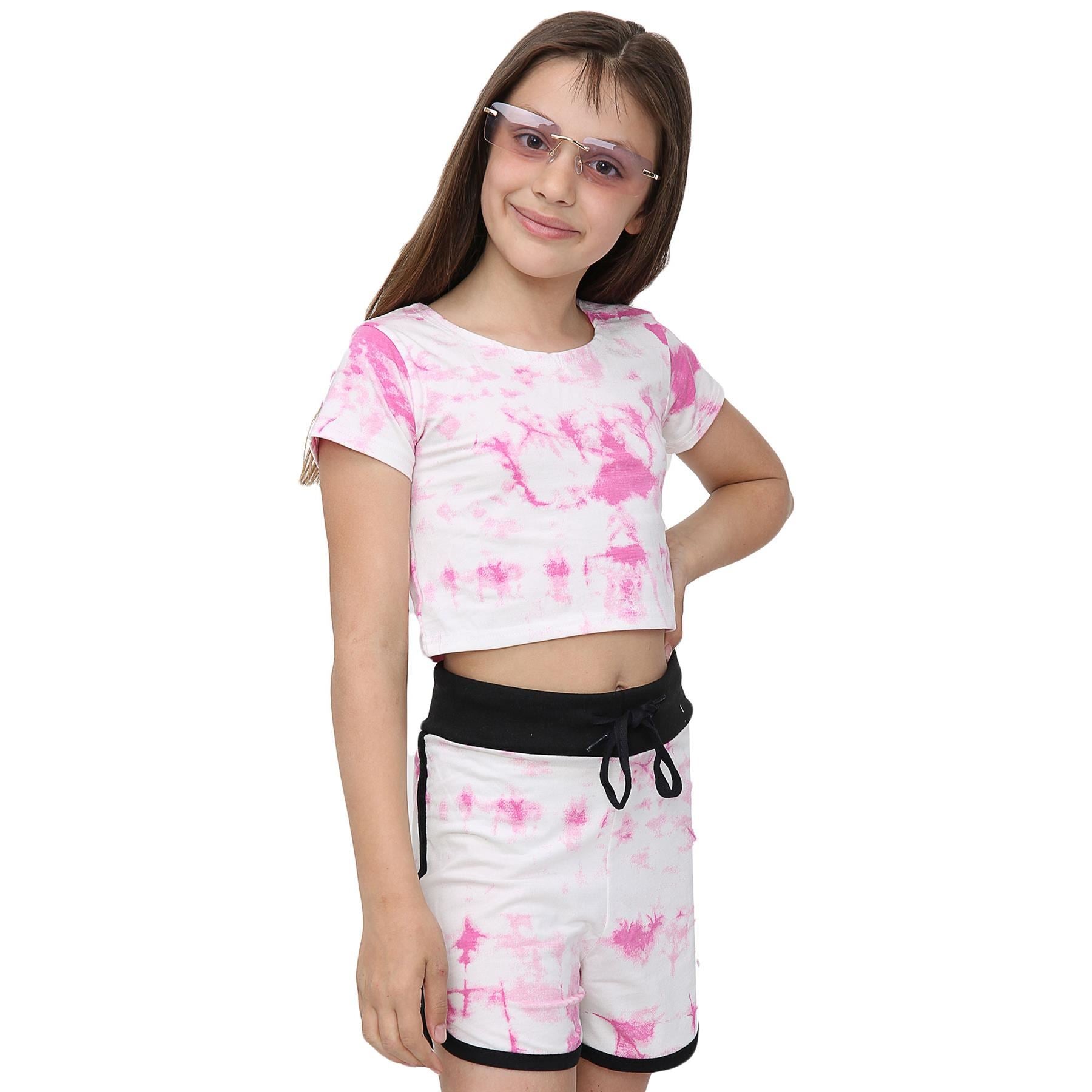 Girls Pink Tie Dye Print Summer Top & Hot Shorts Set