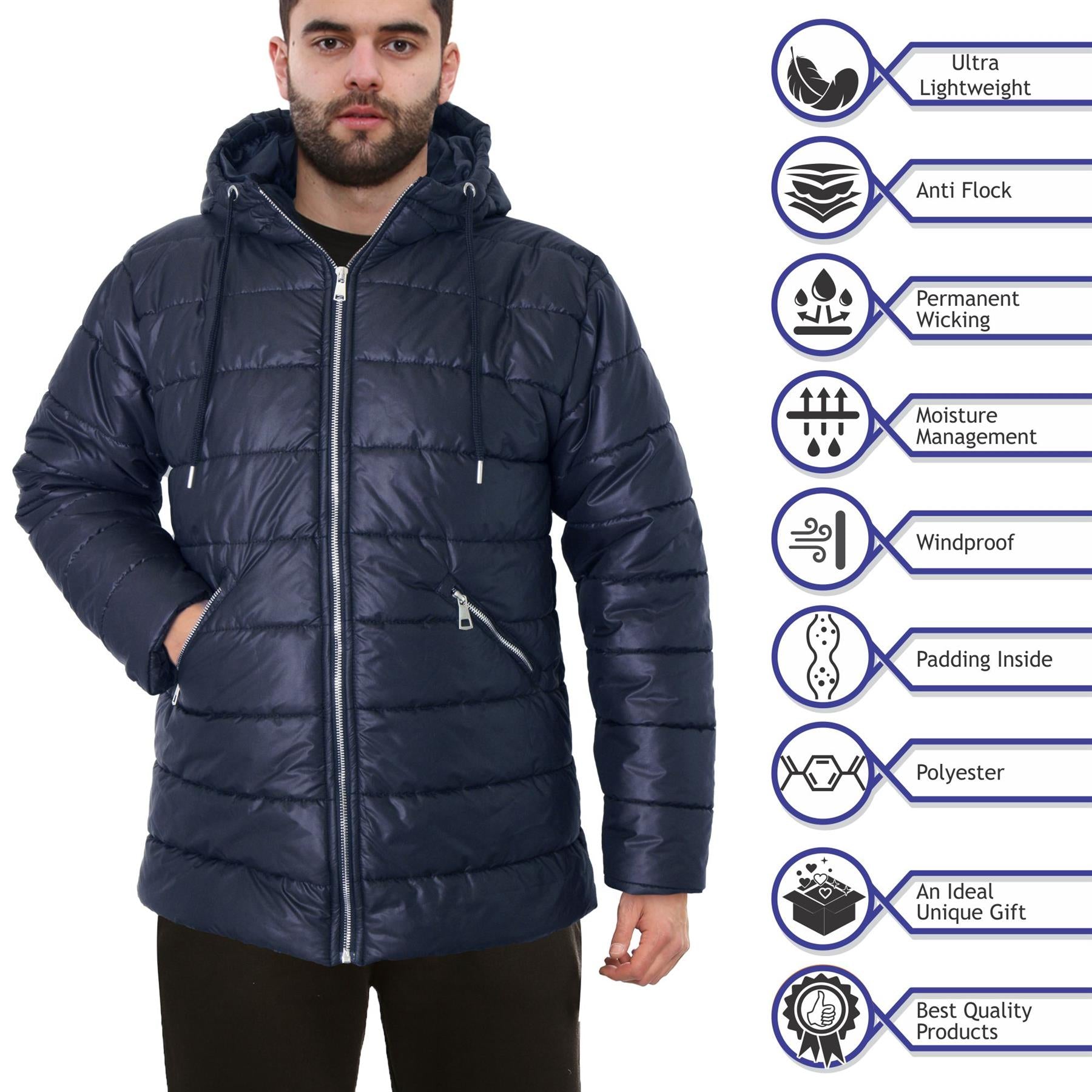 A2Z Ladies Zipped Pockets Hooded Long Sleeves Navy Padded Puffer Jacket