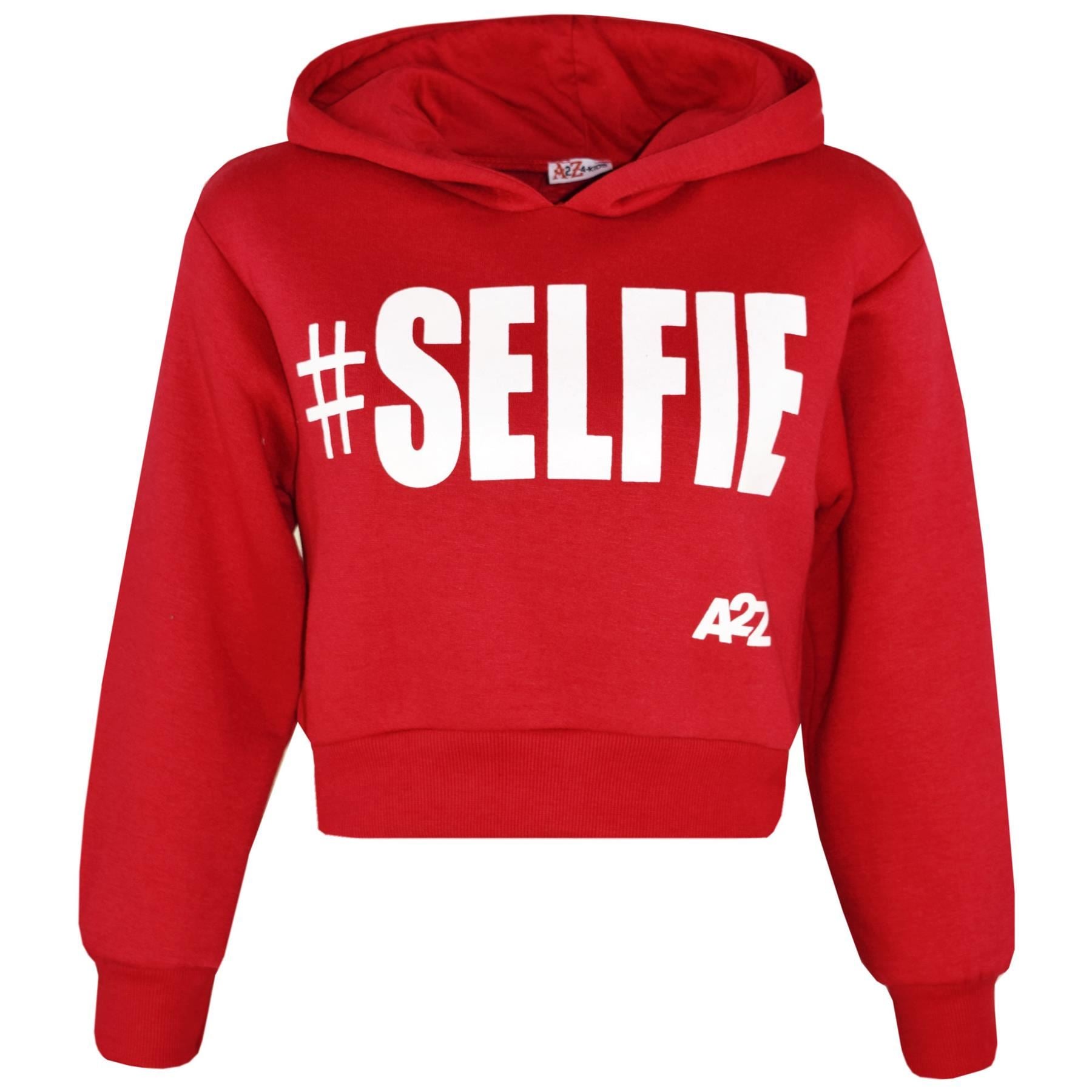 Kids Girls #Selfie Printed Hooded Crop Top & Bottom Jogging Suit