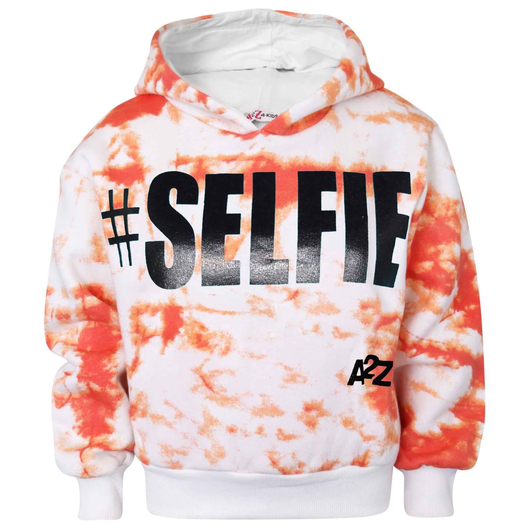 Kids Girls #Selfie Printed Hooded Crop Top & Bottom Jogging Suit