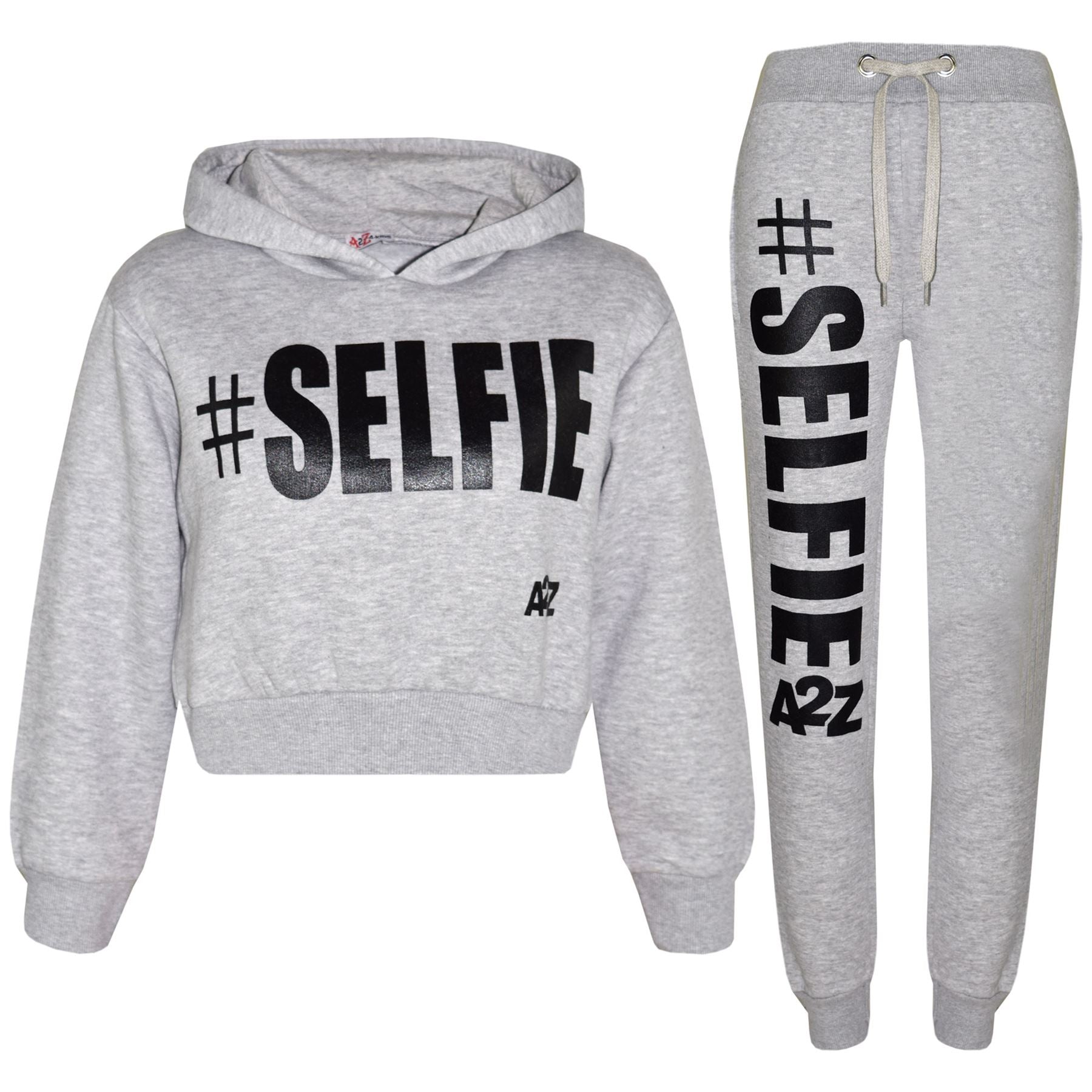 Kids Girls #Selfie Printed Hooded Crop Top & Bottom Jogging Suit