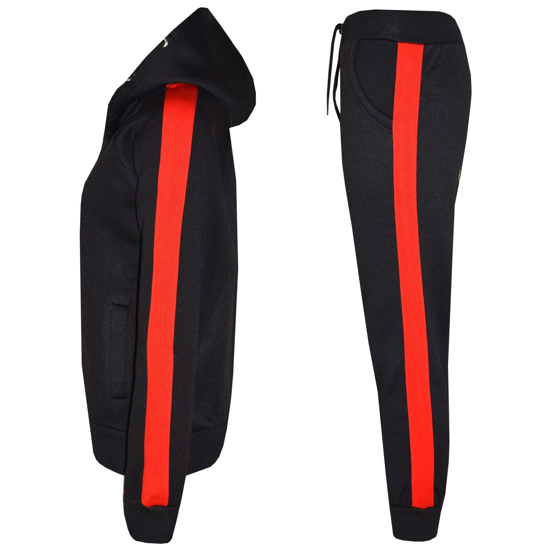 Unisex Black & Red Jogging Plain Fleece Hooded Tracksuit