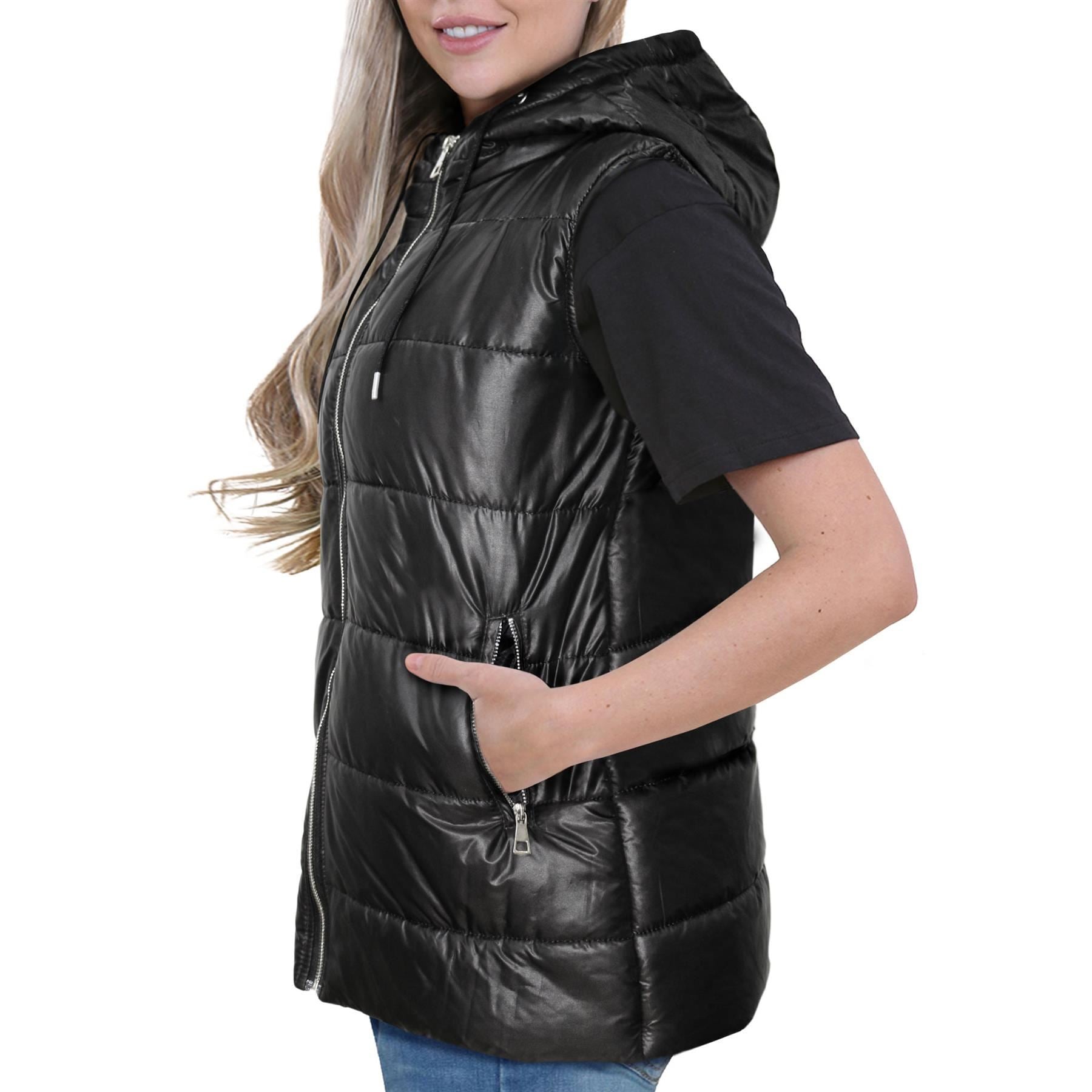 Ladies Oversized Silver Zipped Pockets Gilet Black Jacket Sleeveless Coat