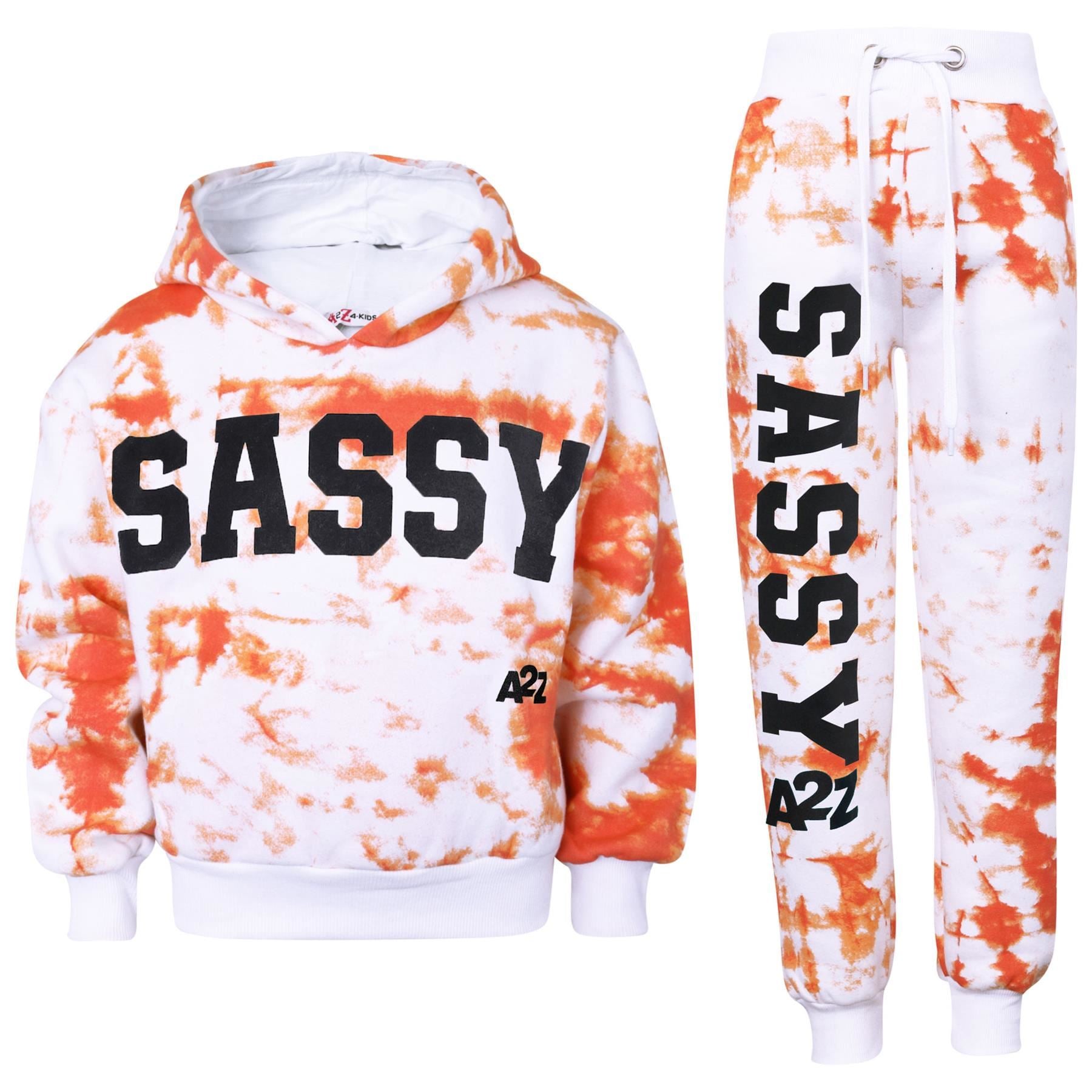 Kids Girls Tie Dye Tracksuit "SASSY" Print Orange Hooded Crop Jogging Suit