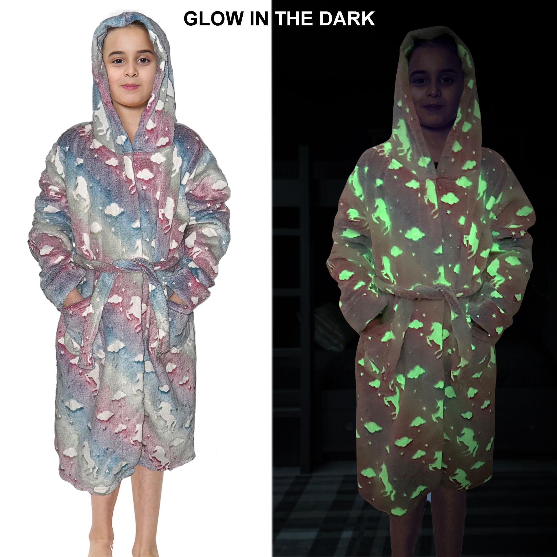 Kids Girls Unicorns Print Soft Glow In The Dark Rainbow Hooded Robe