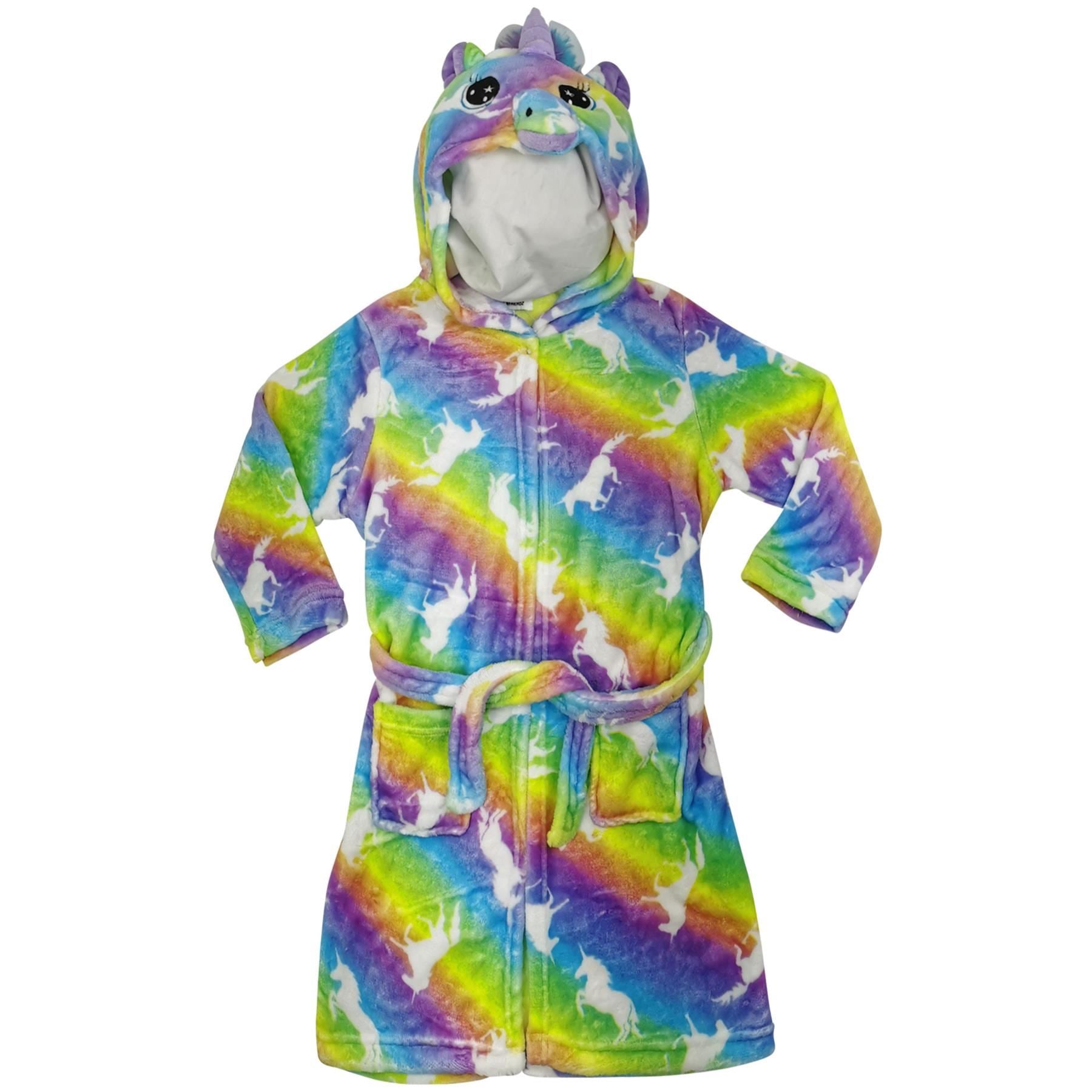 Kids Girls 3D Unicorn Rainbow Print Hooded Bathrobe