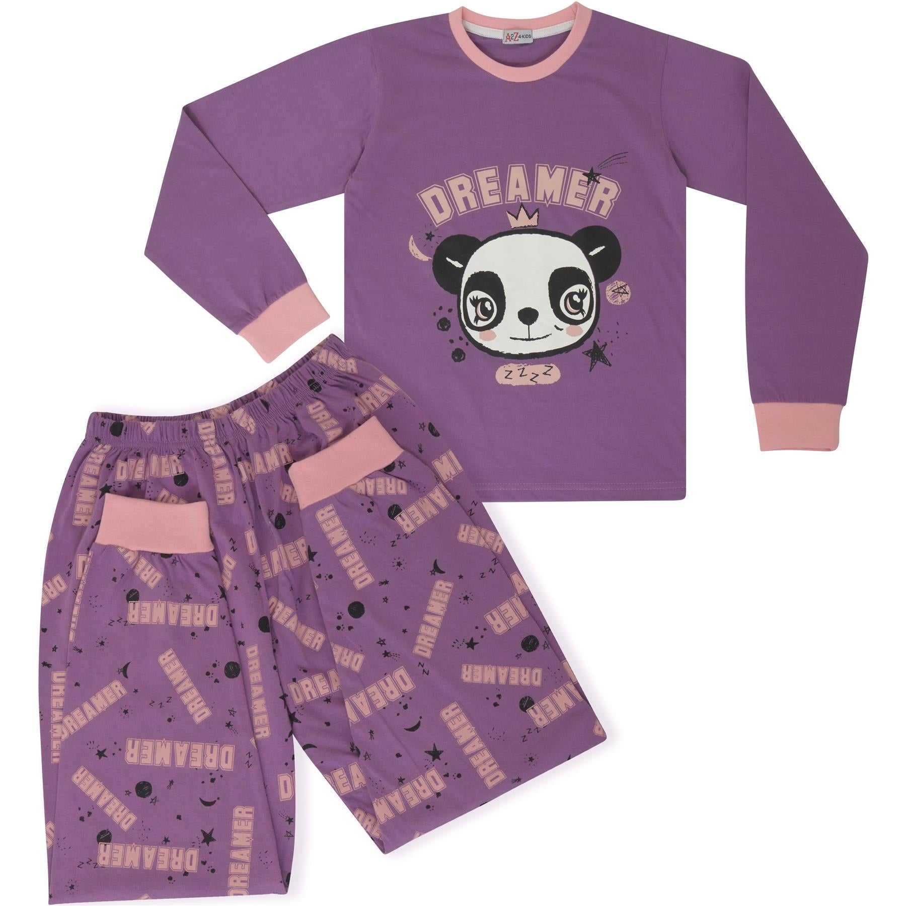 Kids Girls Pyjamas Panda Animal Dreamer Print Lilac Lounge Suit Set