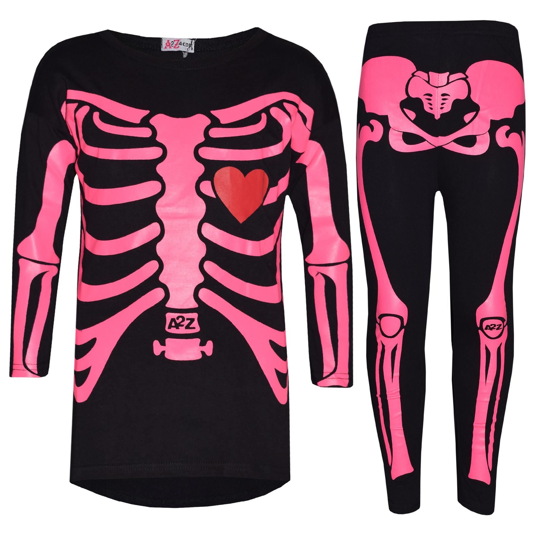 Kids Girls Skeleton Print Neon Pink Halloween Costume Set