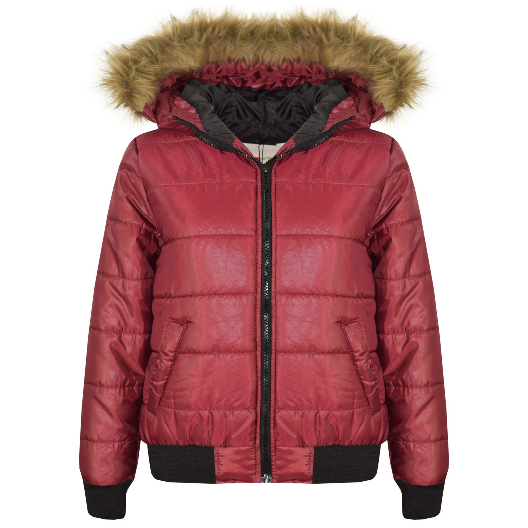 Kids Girls Boys Fux Fur Wine Hooded Puffer Jacket