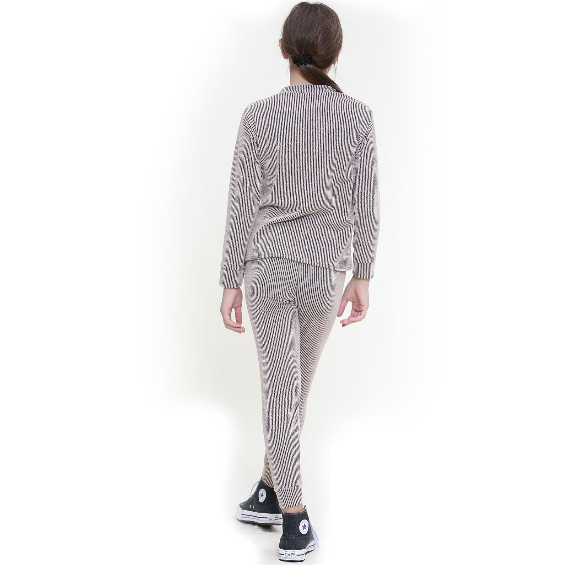 Kids Girls Ribbed Top & Bottom Tracksuit Mocha Lounge Wear Set