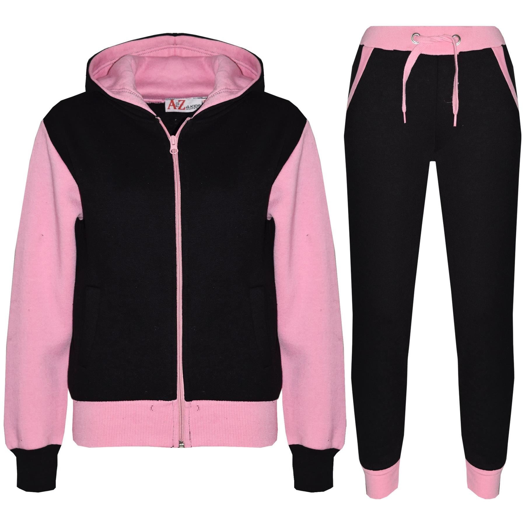 Kids Girls Tracksuit Zipped Fleece Hooded Baby Pink Top & Bottom Jogger