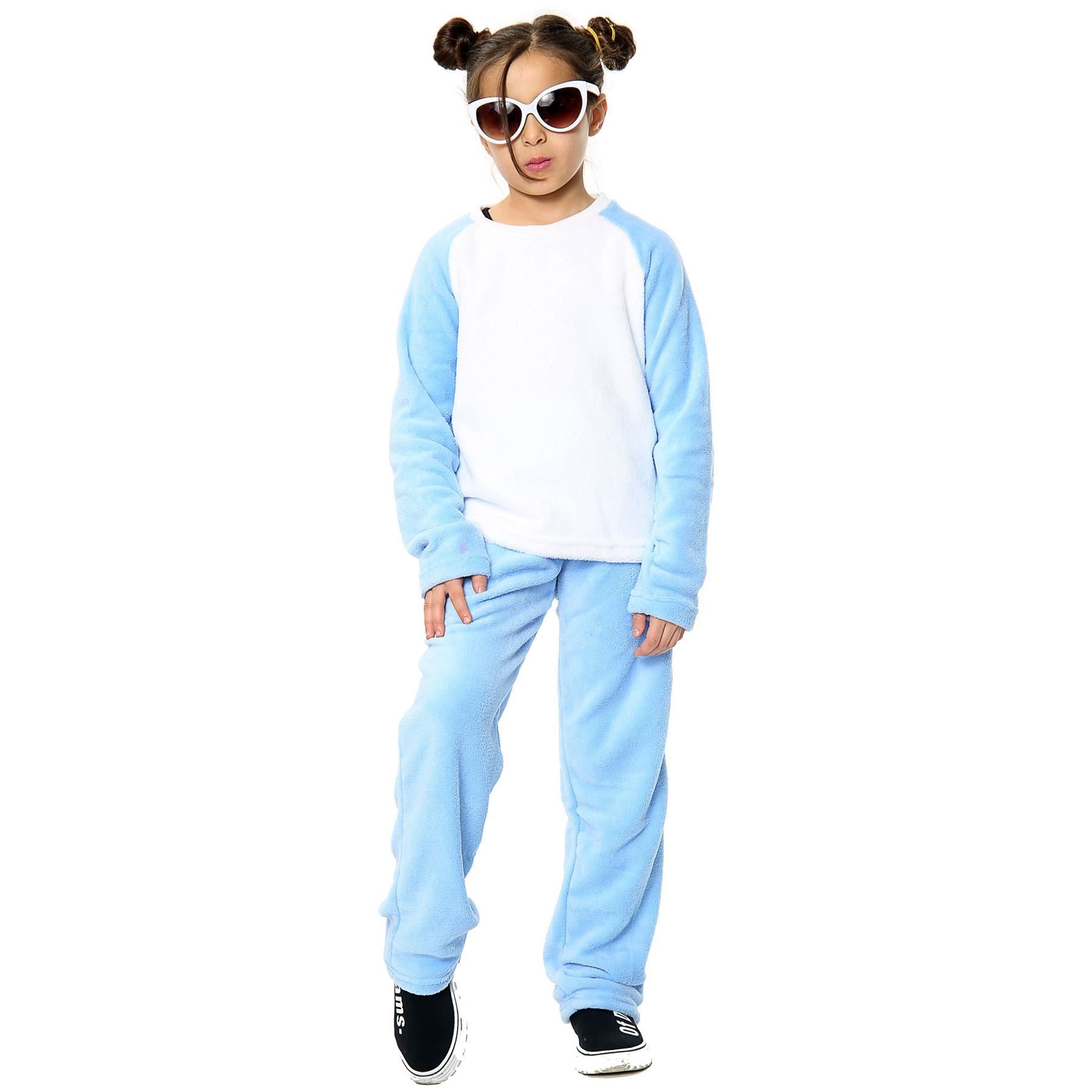 Girls Boys Plain Blue Fleece Pyjamas.