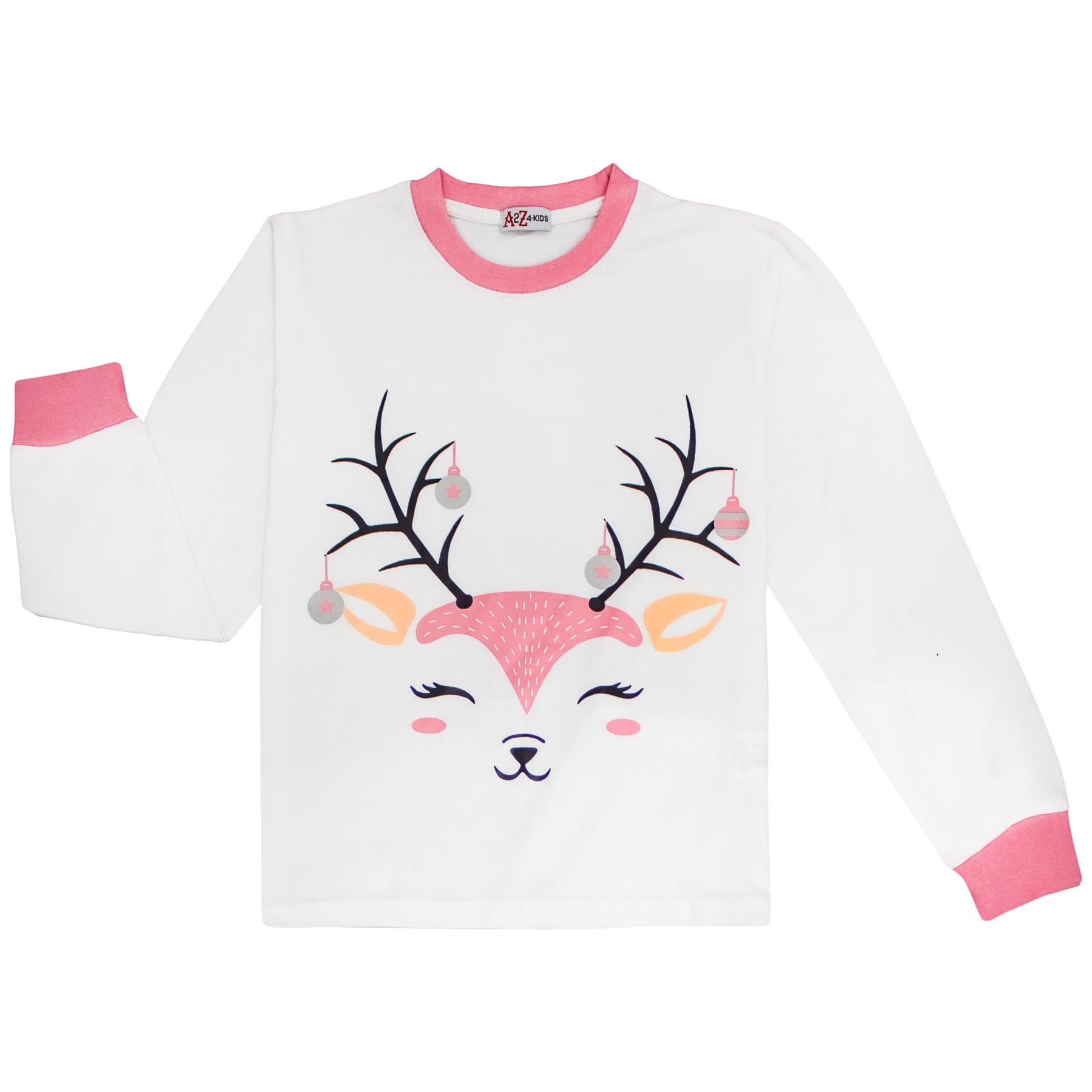 Kids Girls Christmas Pyjamas Reindeer Print White PJS 2 Piece Xmas Lounge Suit