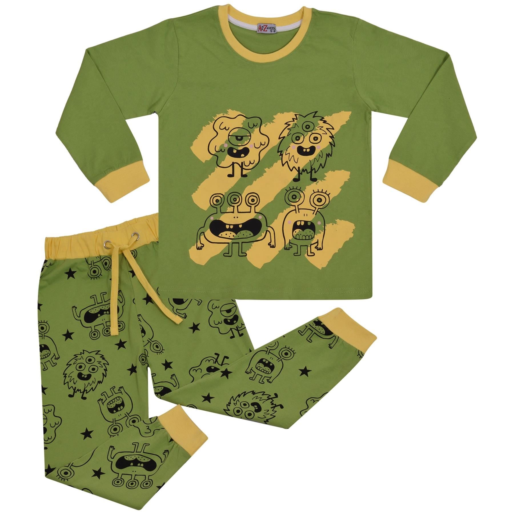 Kids Girls Boys Unisex Monster Print Lime Pyjamas Set