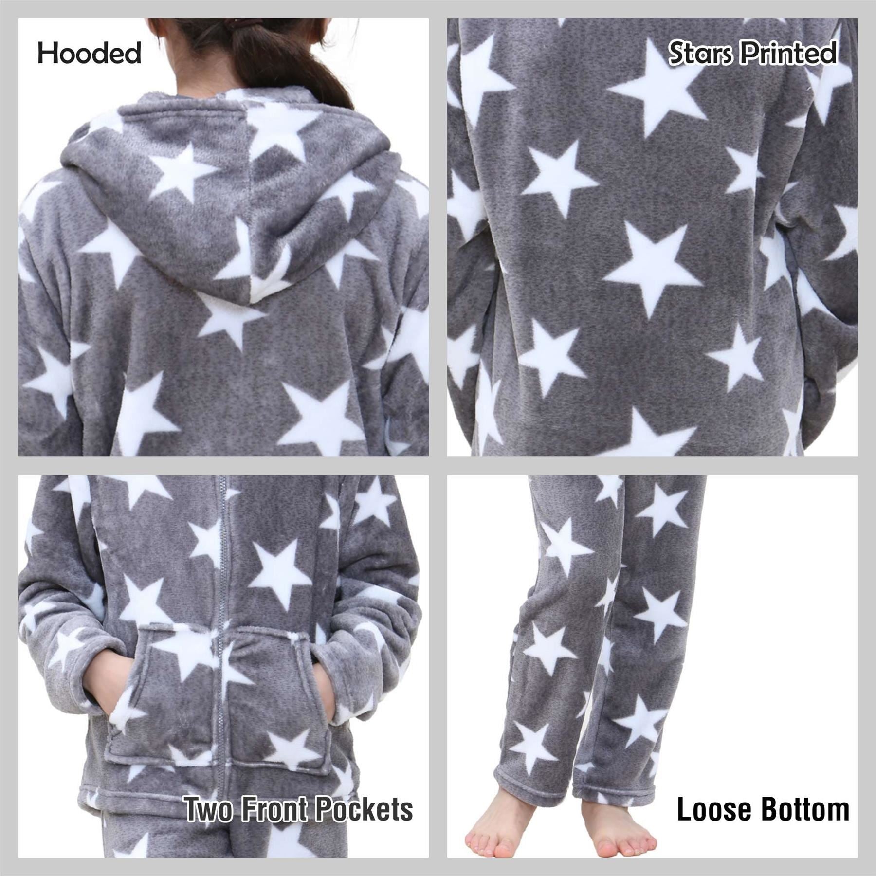 Kids Girls Stars Print Zipped Pyjama Extra Soft Hooded Flannel Fleece PJS Set