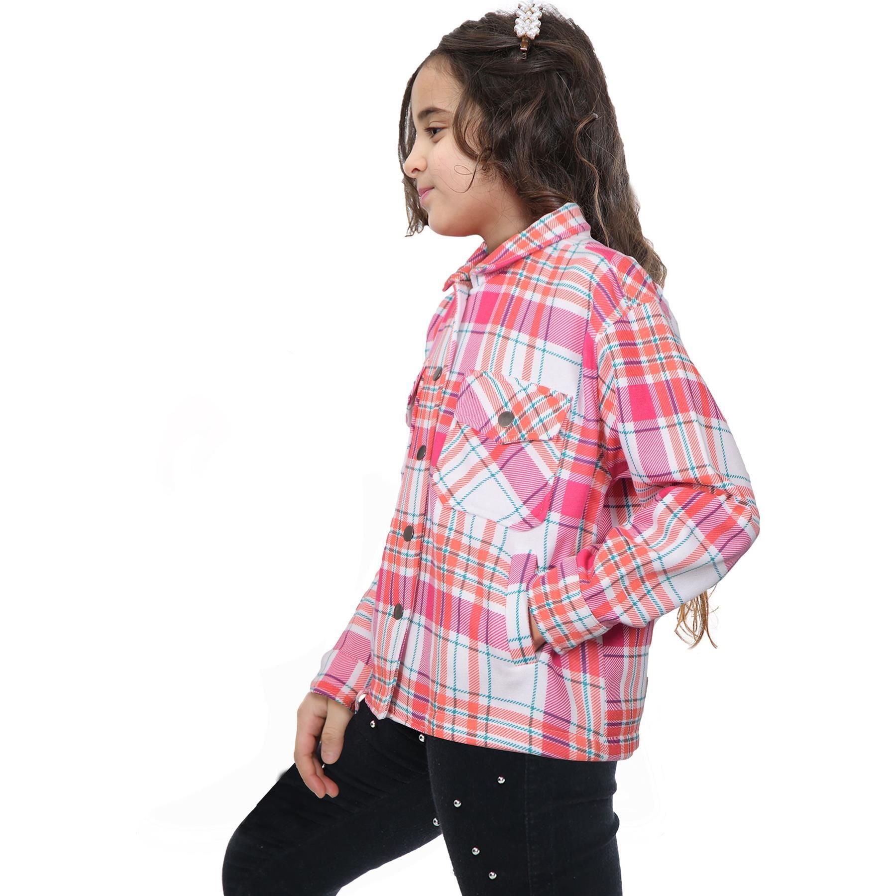 Kids Girls Checks Print Longline Fleece Collared Jacket