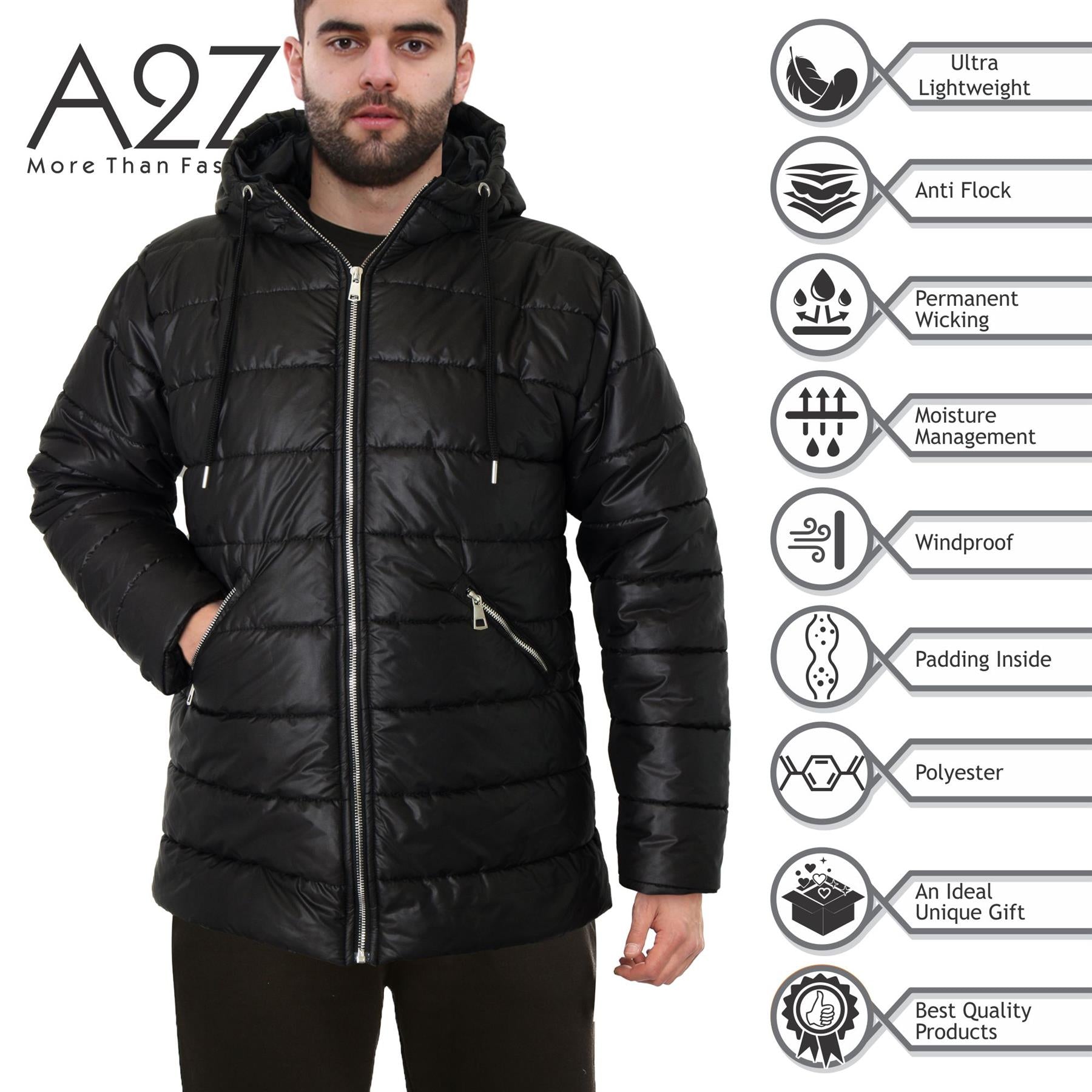 Mens Ladies Zipped Pockets Jacket Black Puffer Jacket Long Sleeves Coat S-2XL