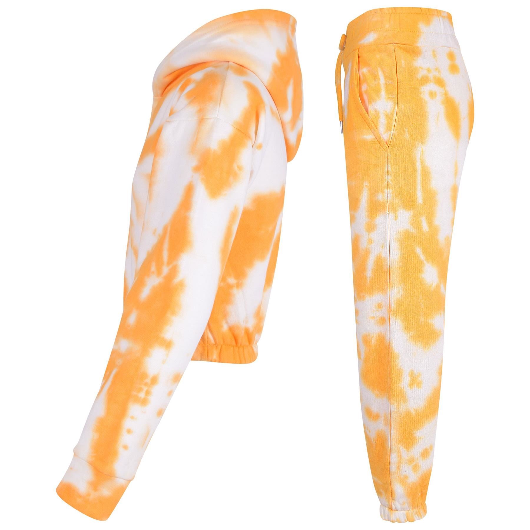 Kids Girls Tie Dye Mustard Tracksuit Gym Cropped Hoodie Sweatpants