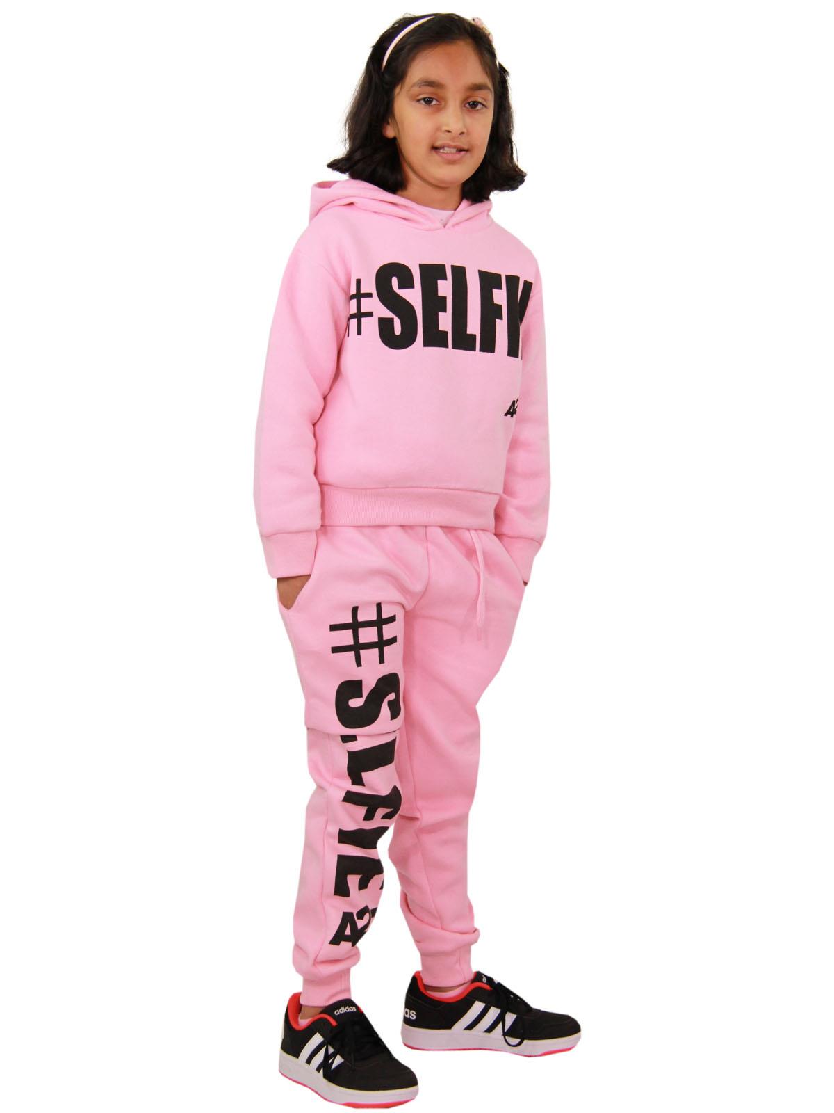 Kids Girls #Selfie Printed Hooded Crop Top & Bottom Jogging Suit