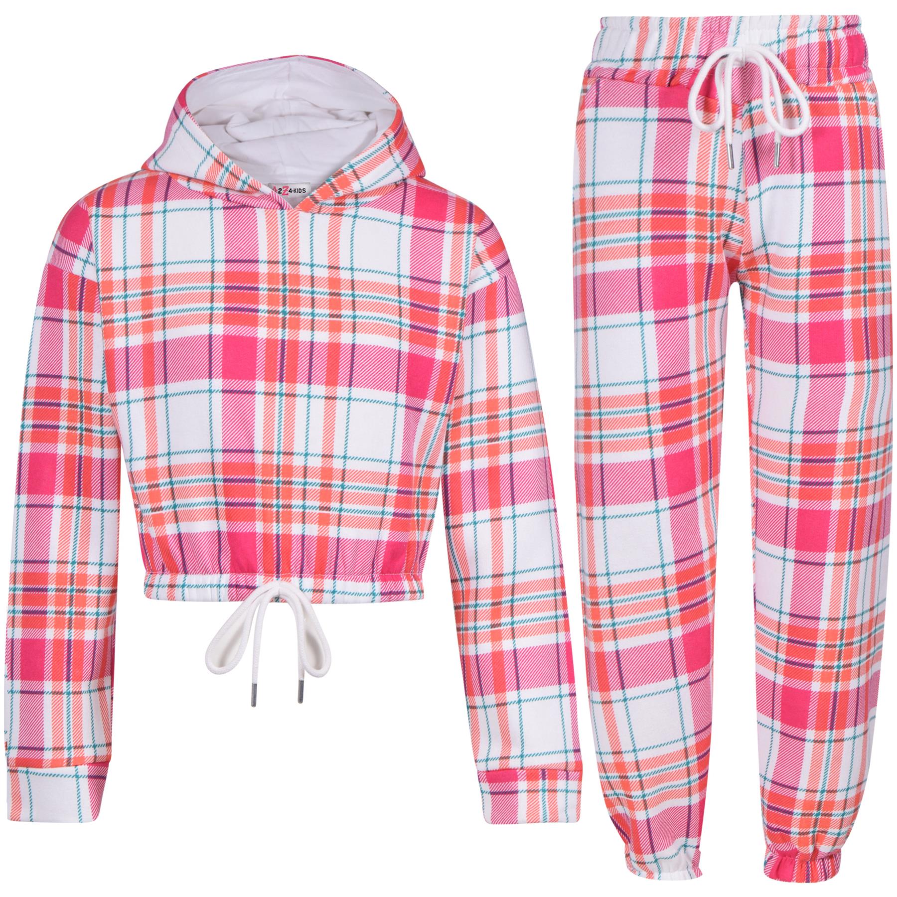 Girls Pink Check Print Cropped Hooded Tracksuit